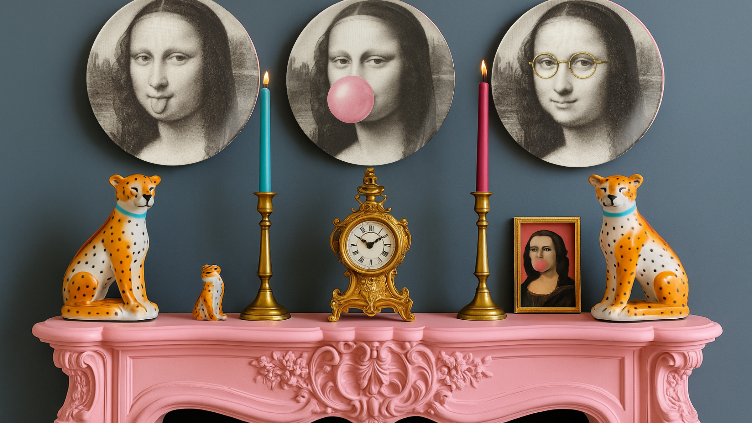 Playful maximalist mantel display with a bubble-gum pink fireplace surround, gold decorative vases, and three circular portraits—one with a figure blowing a pink bubble—set against a deep teal wall.