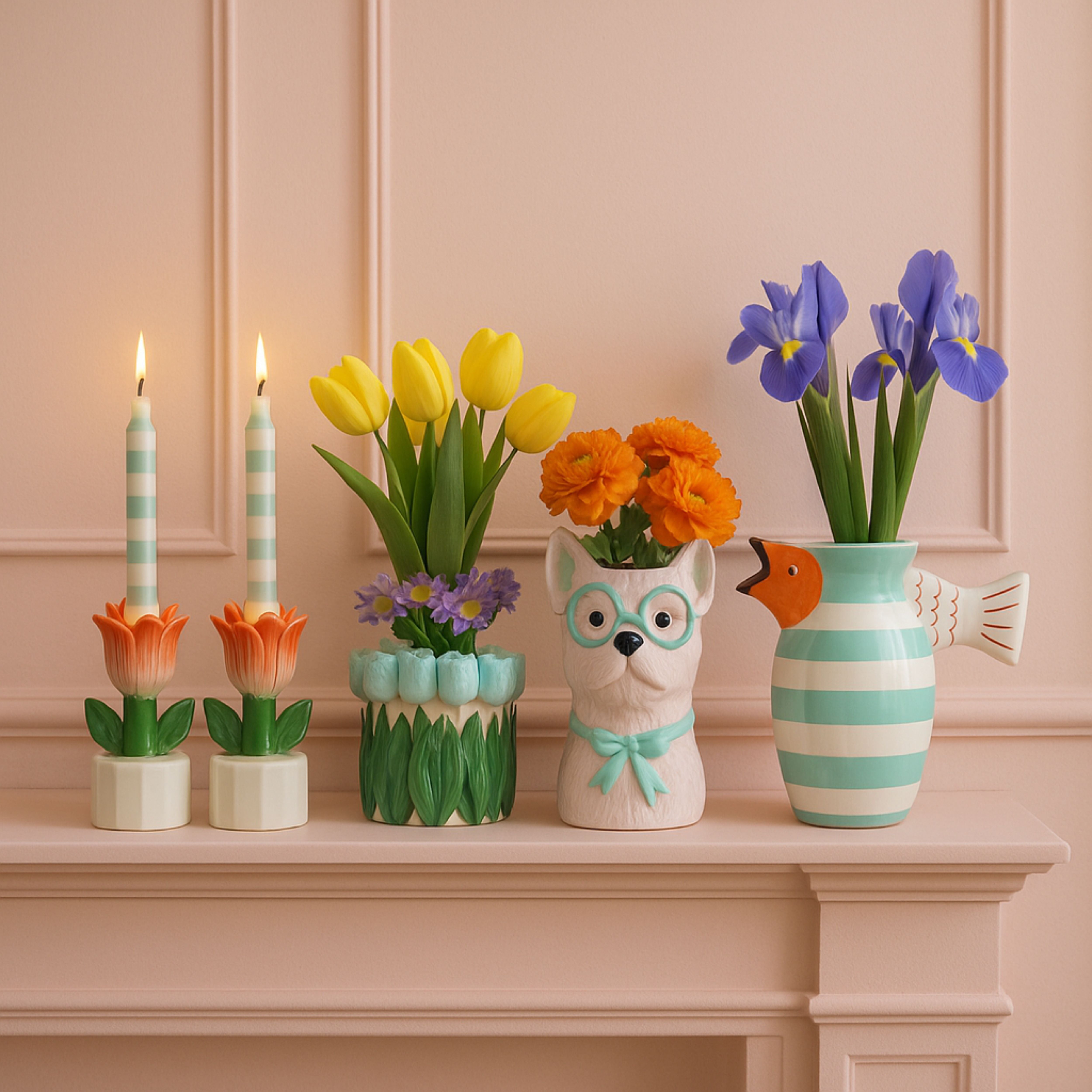 Colourful mantel decor with yellow tulips, purple irises, striped ceramic vase, owl vase and decorative candles on a pink wall