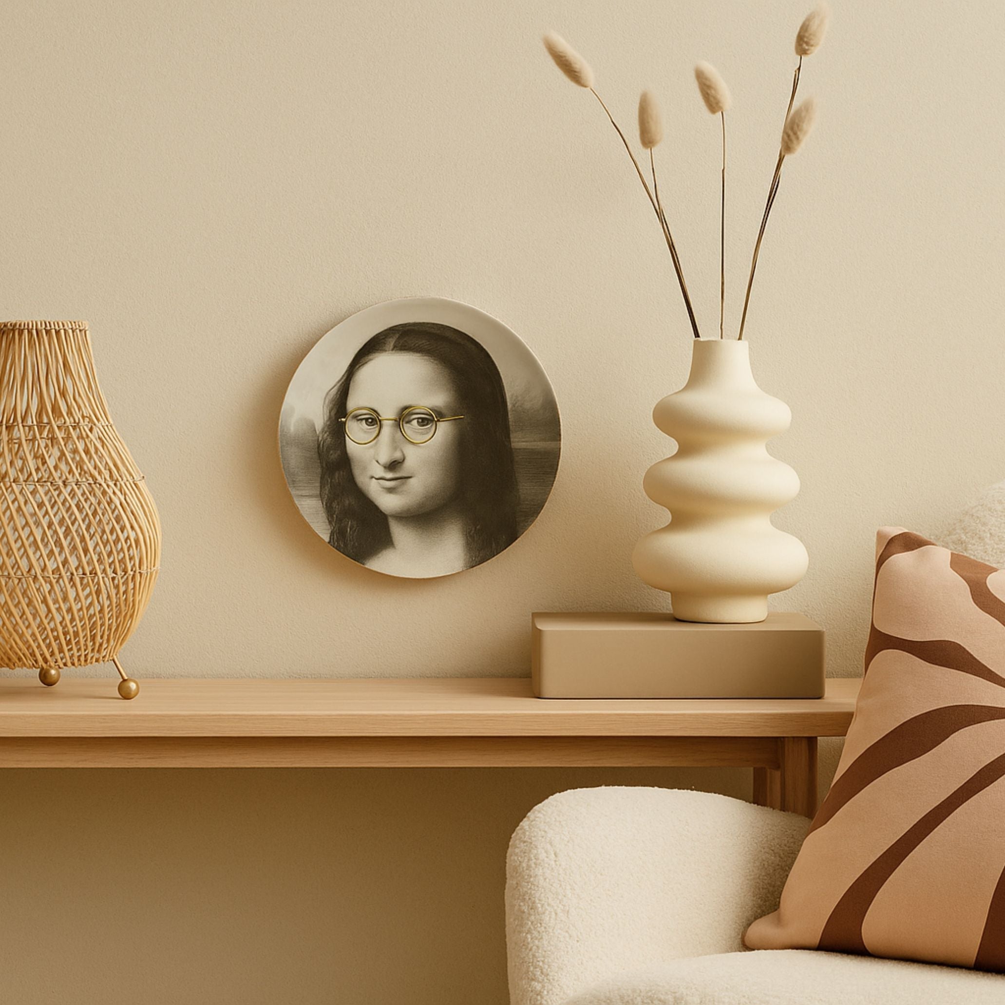 Neutral living-room shelf styled with a round Mona Lisa art plate, cream ceramic vase with dried stems, rattan lamp and beige cushions – Lizzie Onion’s Emporium homeware.