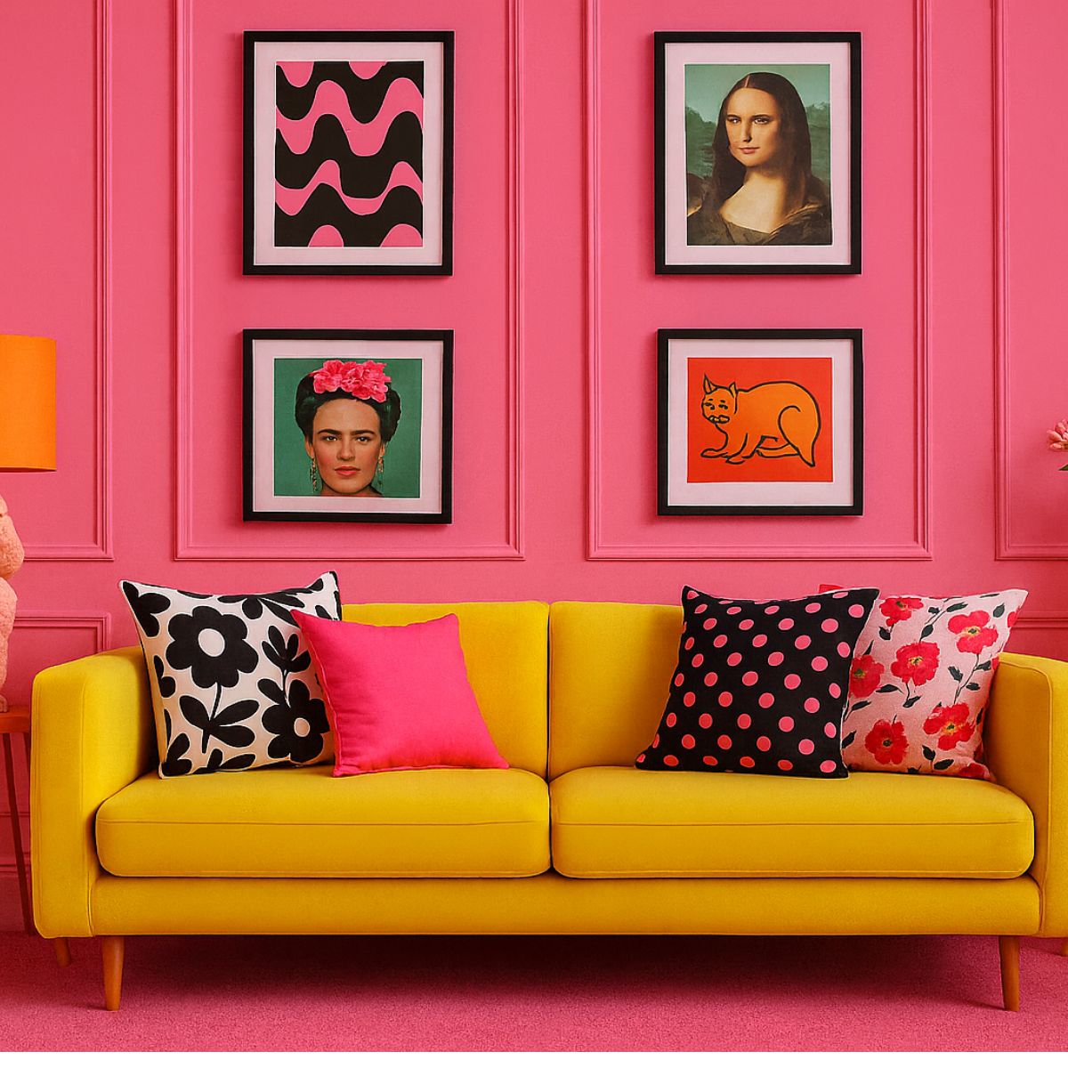 Bright pink panelled wall with a vibrant yellow sofa, mix of patterned cushions, and bold framed pop-art prints – colourful, joyful maximalist living room