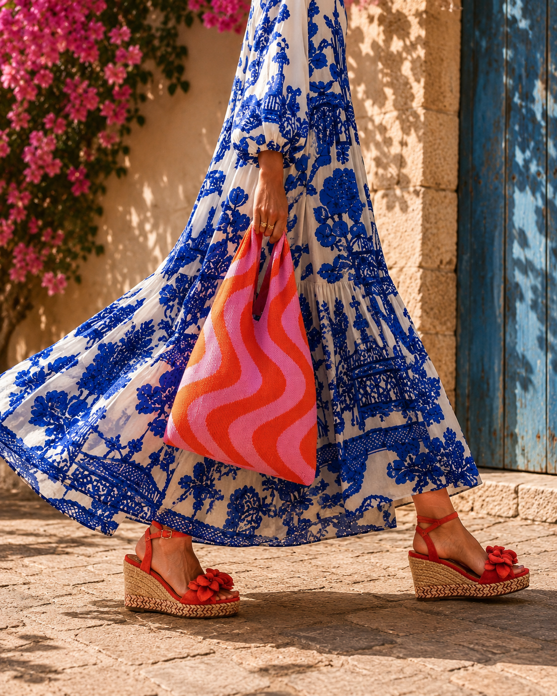 A woman wearing a flowing blue and white toile-print maxi dress, red espadrille wedge sandals, and carrying a bright pink and orange wavy-patterned tote bag, walking outdoors against a rustic stone wall with pink bougainvillea flowers.