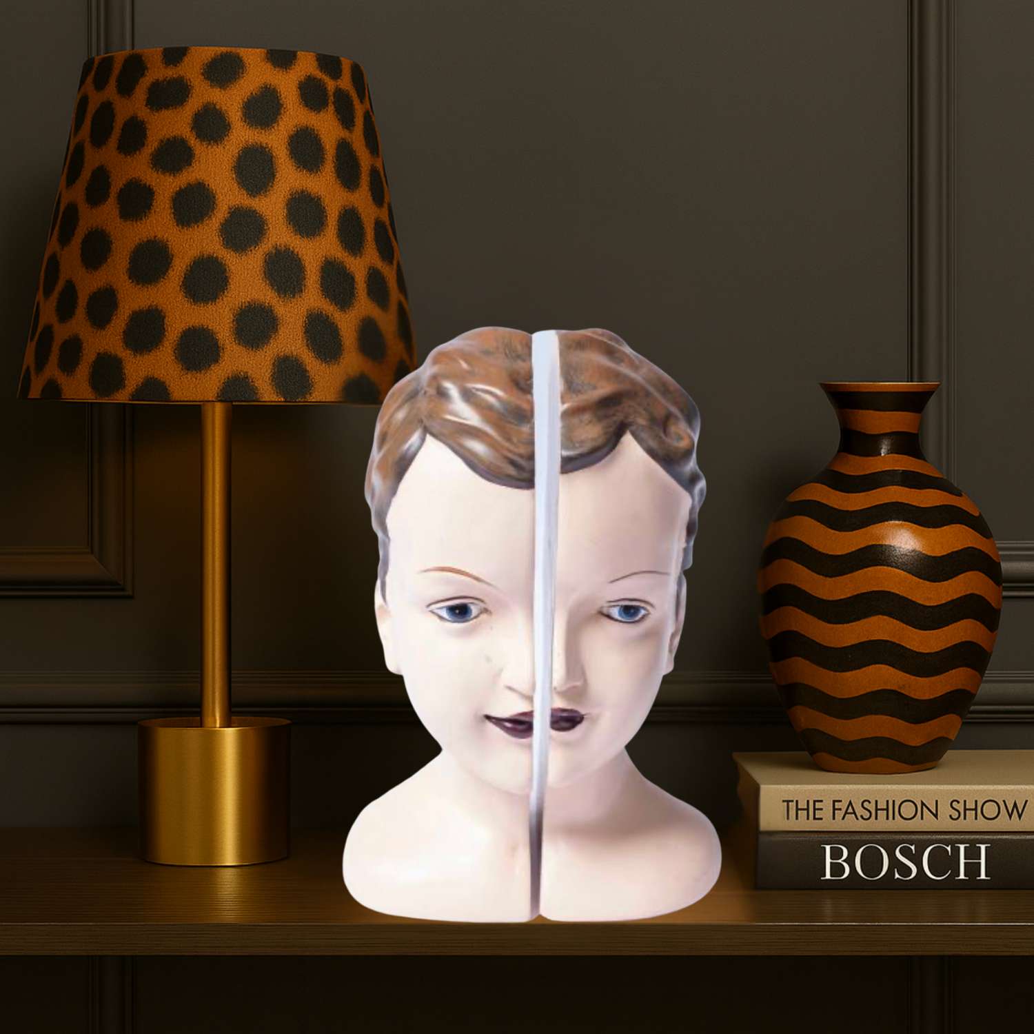 Antiqued Split Deco Head Bookends