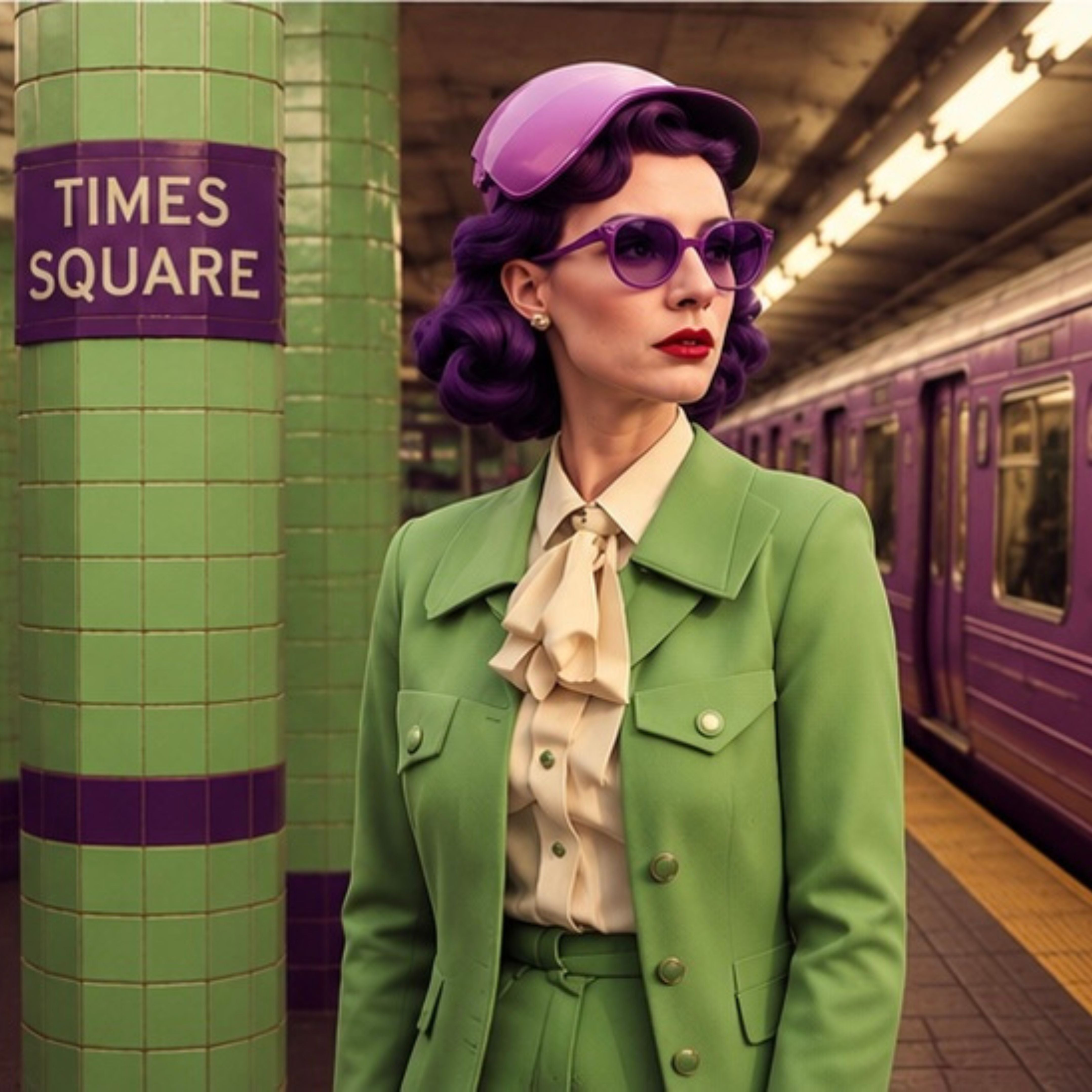 Arabella Takes Manhattan: Arrival at Times Square lifestyle image featuring a glamorous vintage-inspired woman in a green tailored suit standing on a Times Square subway platform, with rich purple and green tones, vintage trains and cinematic 1950s New York styling.