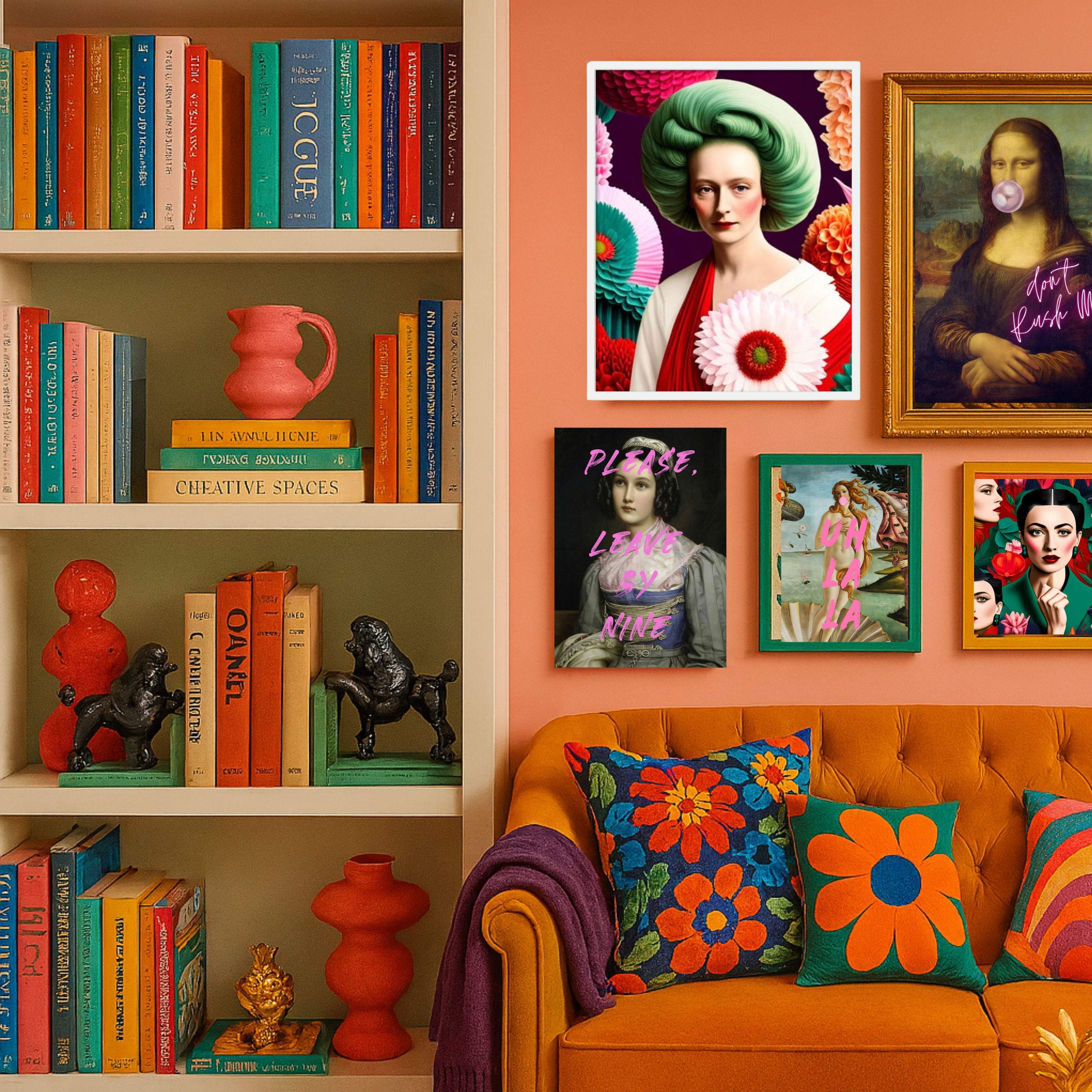 Black cast iron poodle bookends styled on a colourful bookshelf in a bold maximalist living room, with orange sofa, floral cushions, and pop art gallery wall.