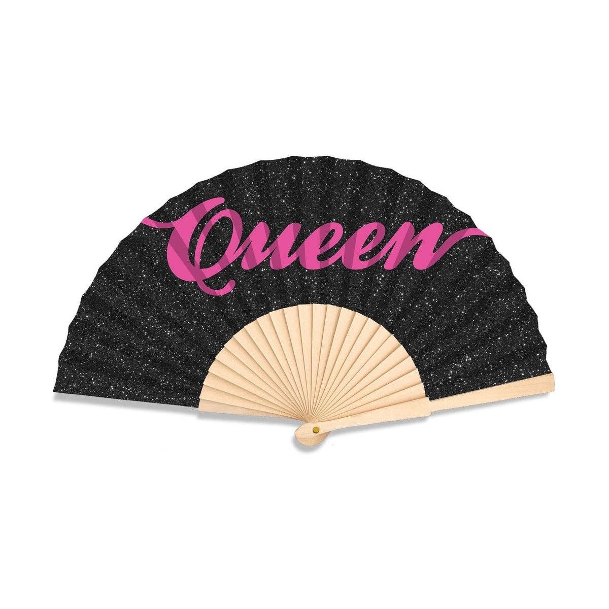 Black glitter folding hand fan featuring a bold pink 'Queen' slogan and natural wooden frame on a white background.