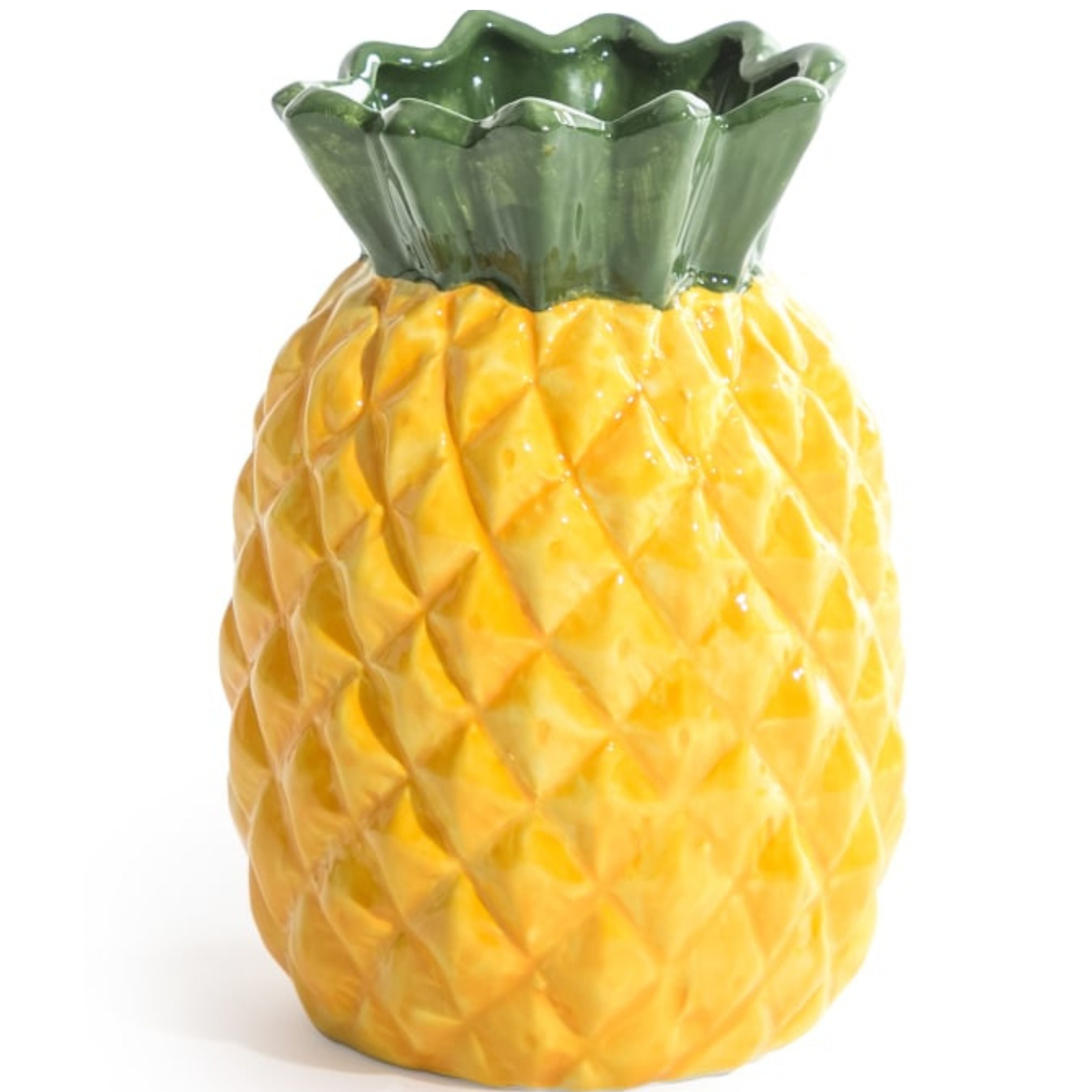 Ceramic pineapple stem vase with textured glossy yellow body and green leaf top on white background