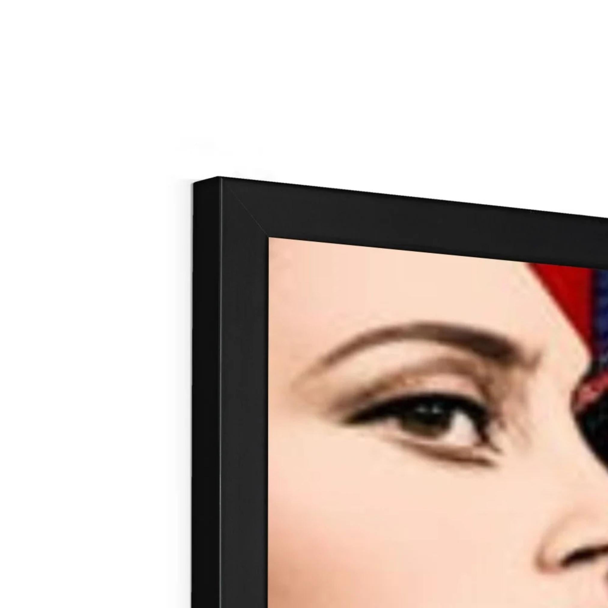 Close-up detail of the Vivienne – Bold in Bloom framed wall art print, showing the contemporary maximalist portrait with bold colours and premium black frame.