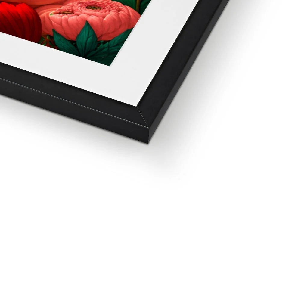 Close-up of Lady Amélie de Rose Rococo wall art showing white mount, black frame and floral detail