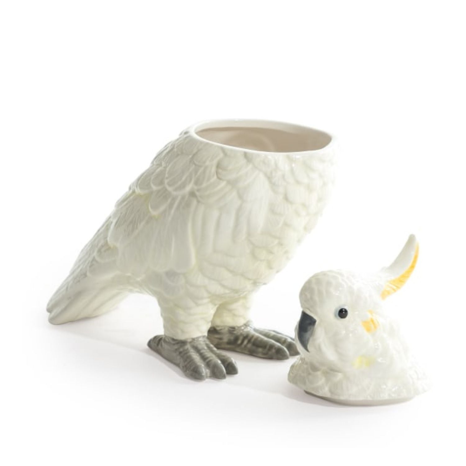 Close-up of glossy white ceramic parrot storage jar showing detailed feathers and black beak on a white background, elegant decorative piece by Lizzie Onion’s Emporium.