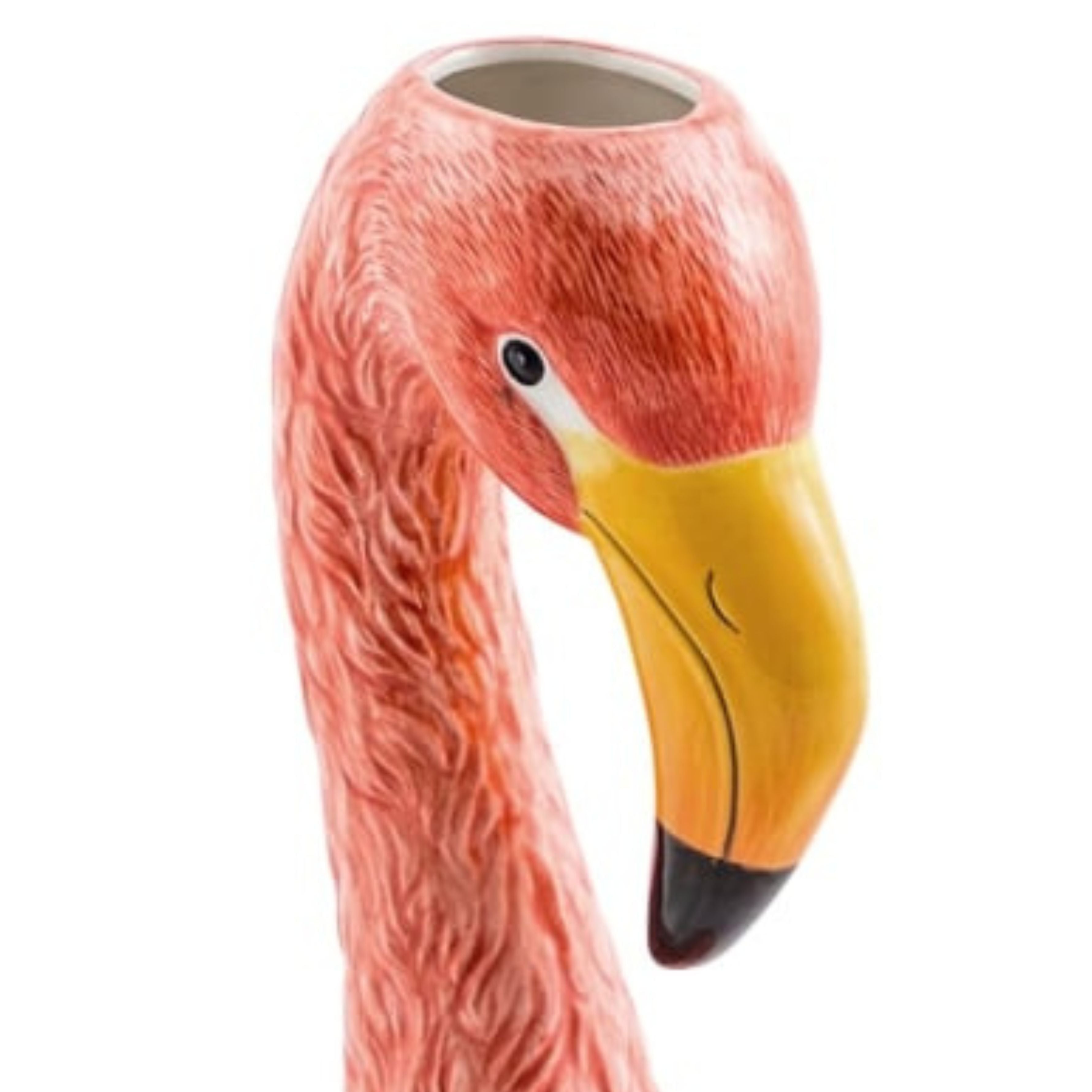 Close-up of large ceramic pink flamingo head vase with yellow beak and textured detail on white background