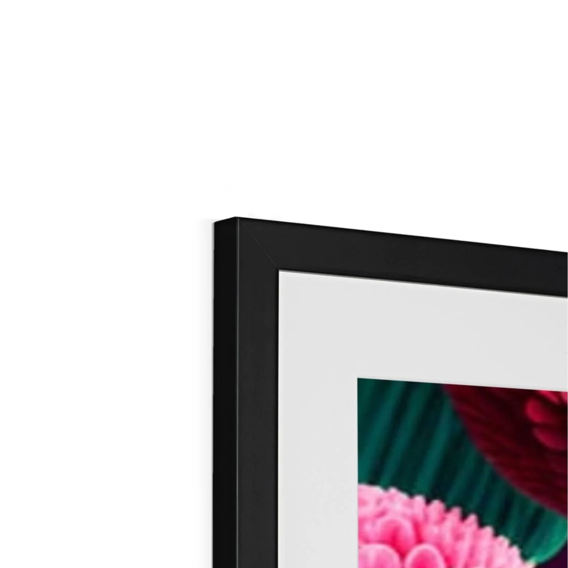 Close-up of the Lady with Green Hair maximalist framed print showing the black frame, white mount and artwork detail by Lizzie Onion's Emporium