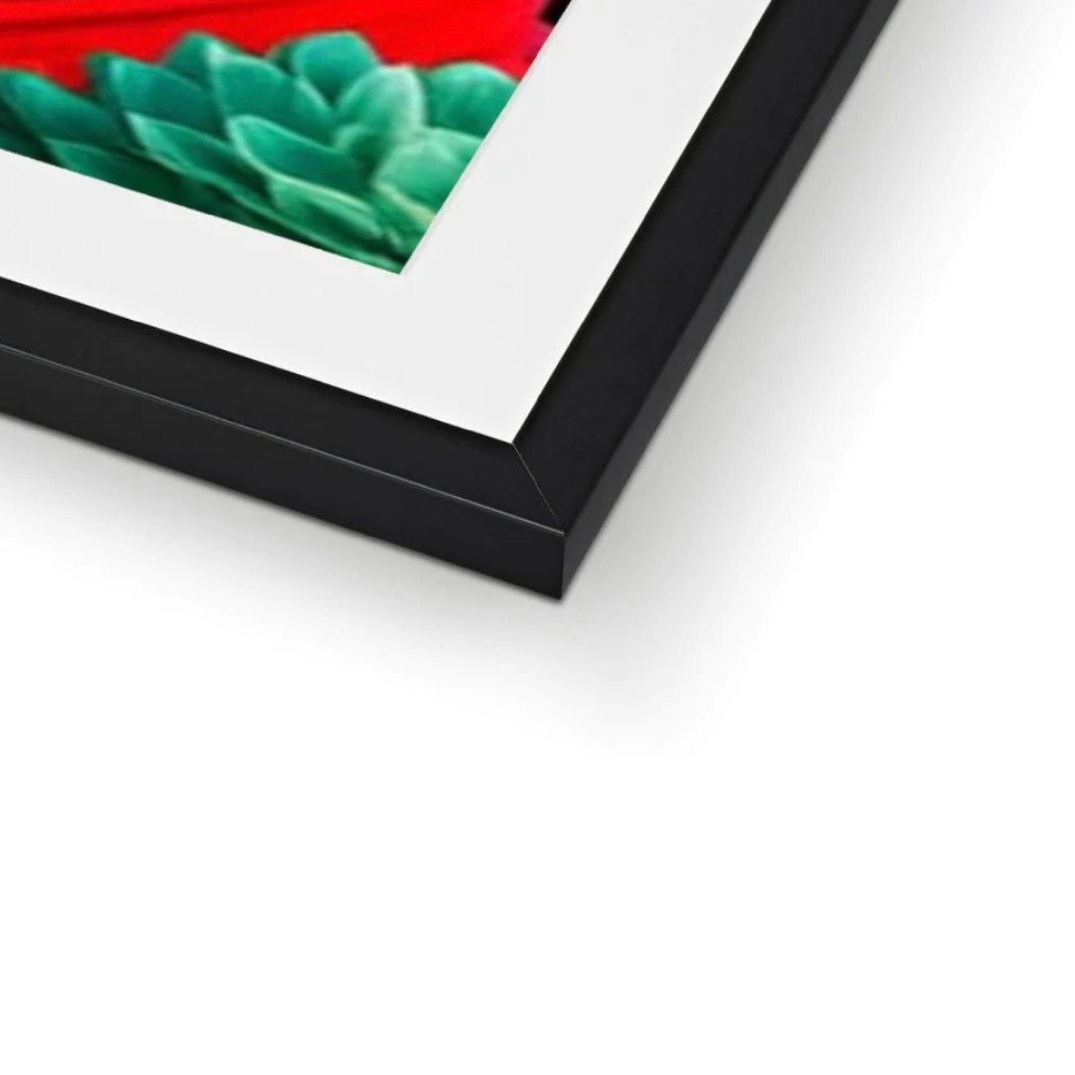 Close-up of the Lady with Green Hair maximalist framed print showing the black frame, white mount and premium print finish by Lizzie Onion's Emporium