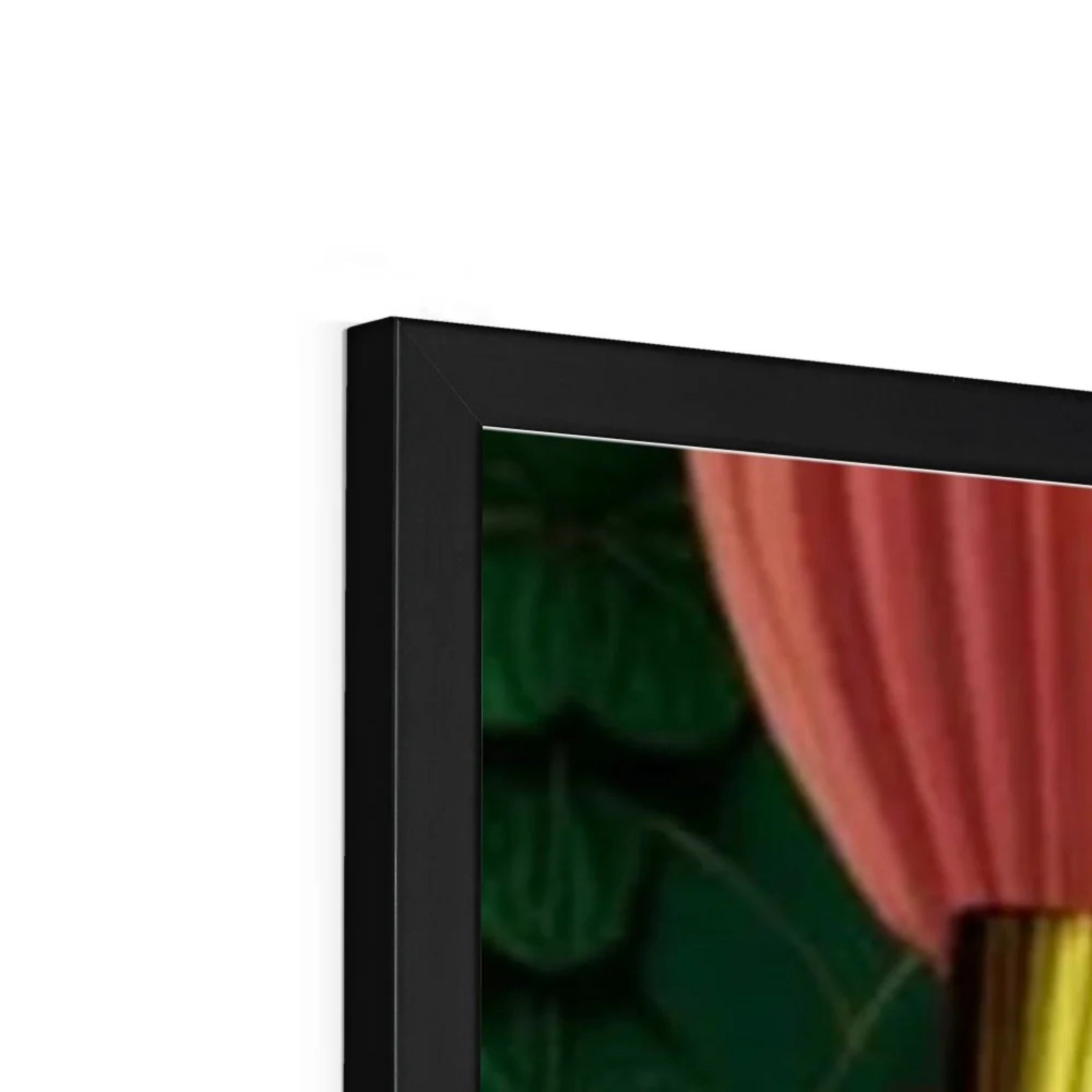 Close-up of the premium black frame showcasing Élodie – Garden Reverie, featuring rich emerald botanical details, blush pink drapery and fine picture framing craftsmanship.