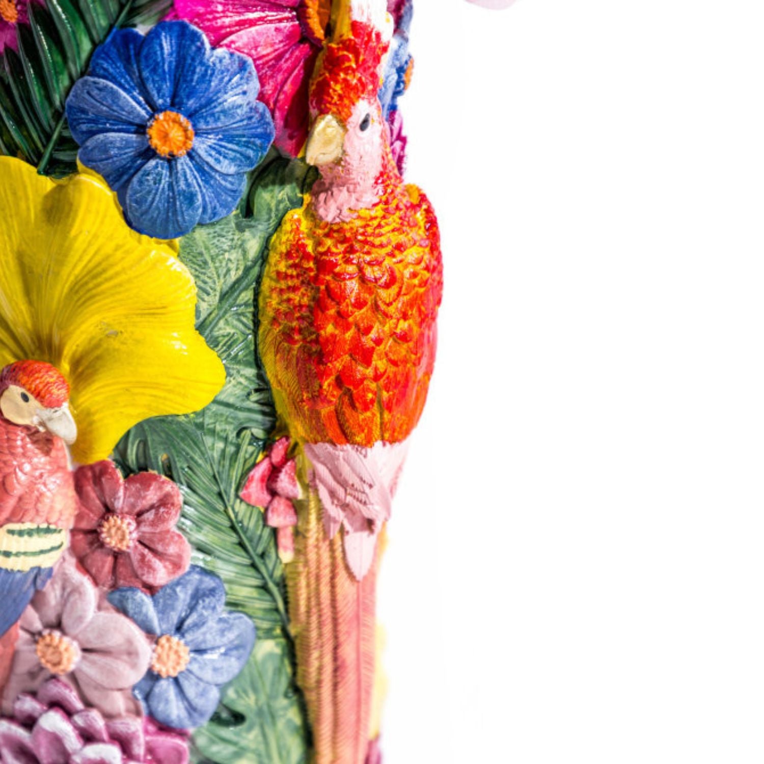 Close-up of vibrant floral bird vase featuring colourful parrots and tropical flowers on a white background, artistic statement decor by Lizzie Onion’s Emporium.