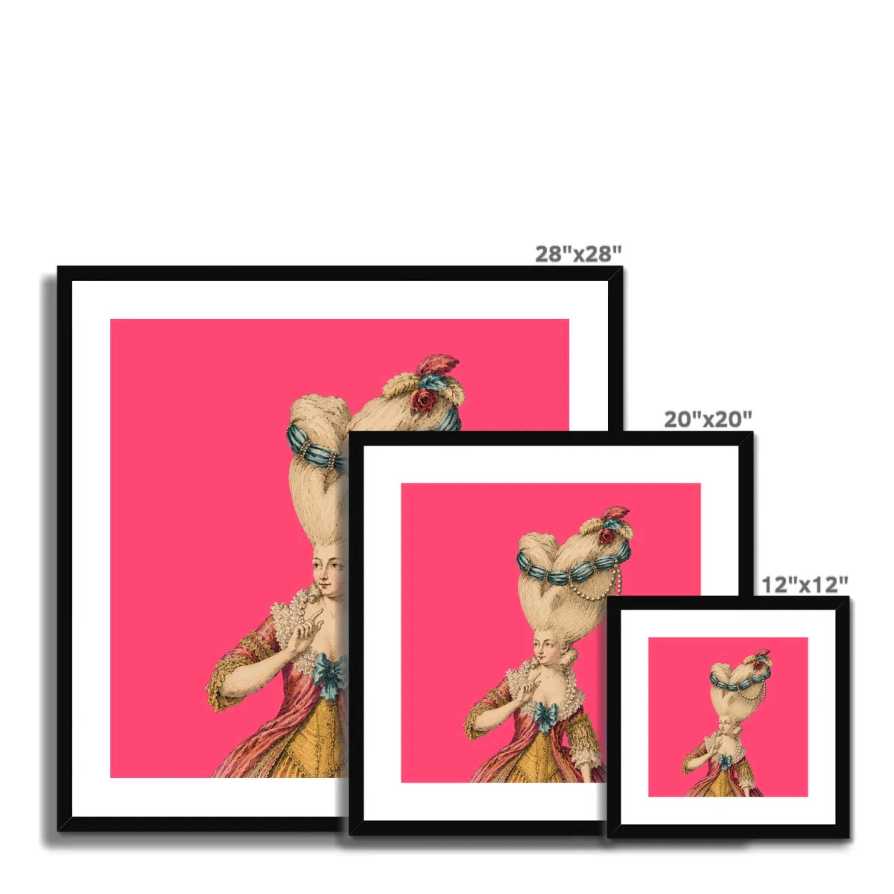 Comparison image showing Lady Celestine Pompadour framed prints in three available square sizes—12×12", 20×20" and 28×28"—each presented in a premium black frame with an elegant off-white mount.
