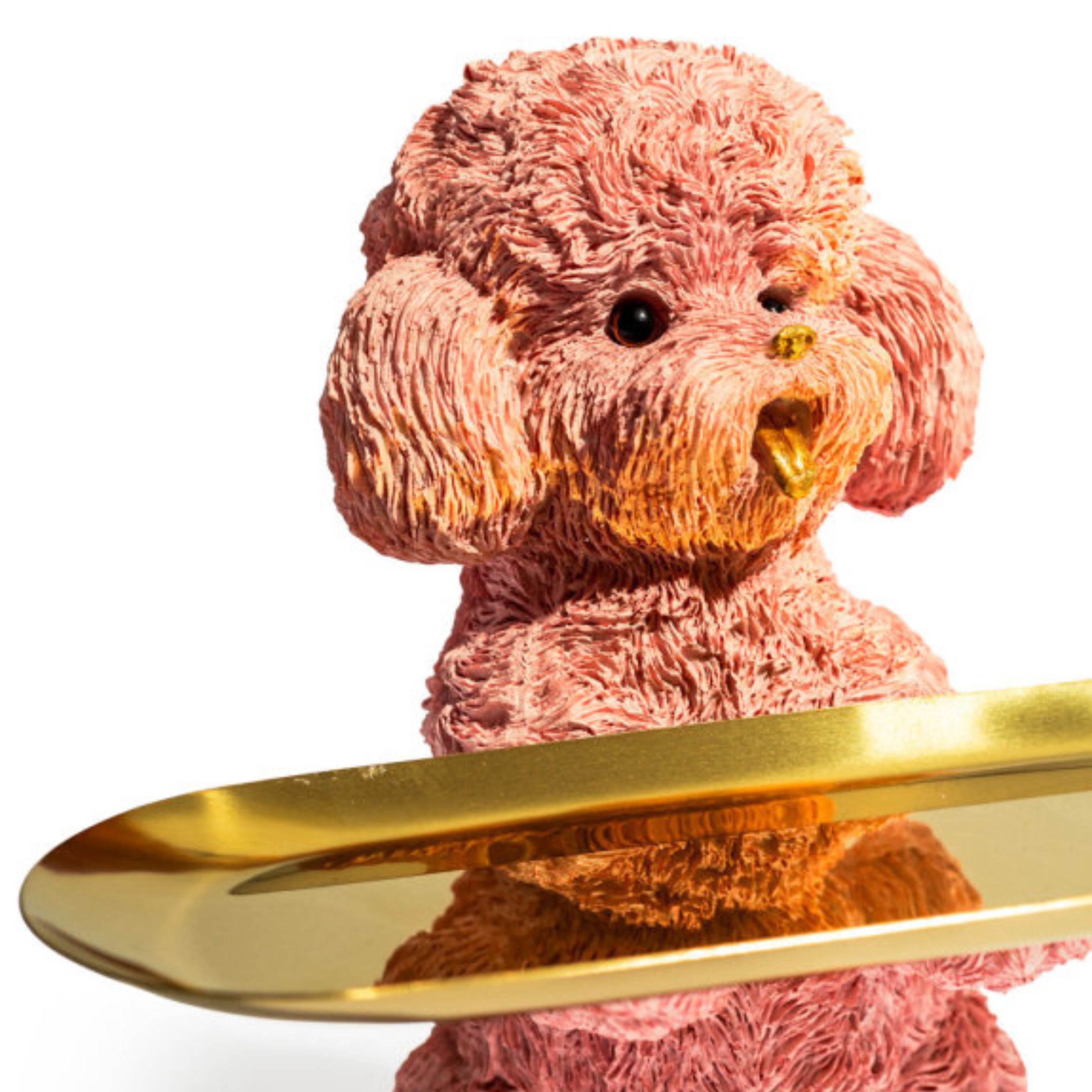 Detailed close-up of the gold tray held by the pink poodle dog – perfect for sweets or keys