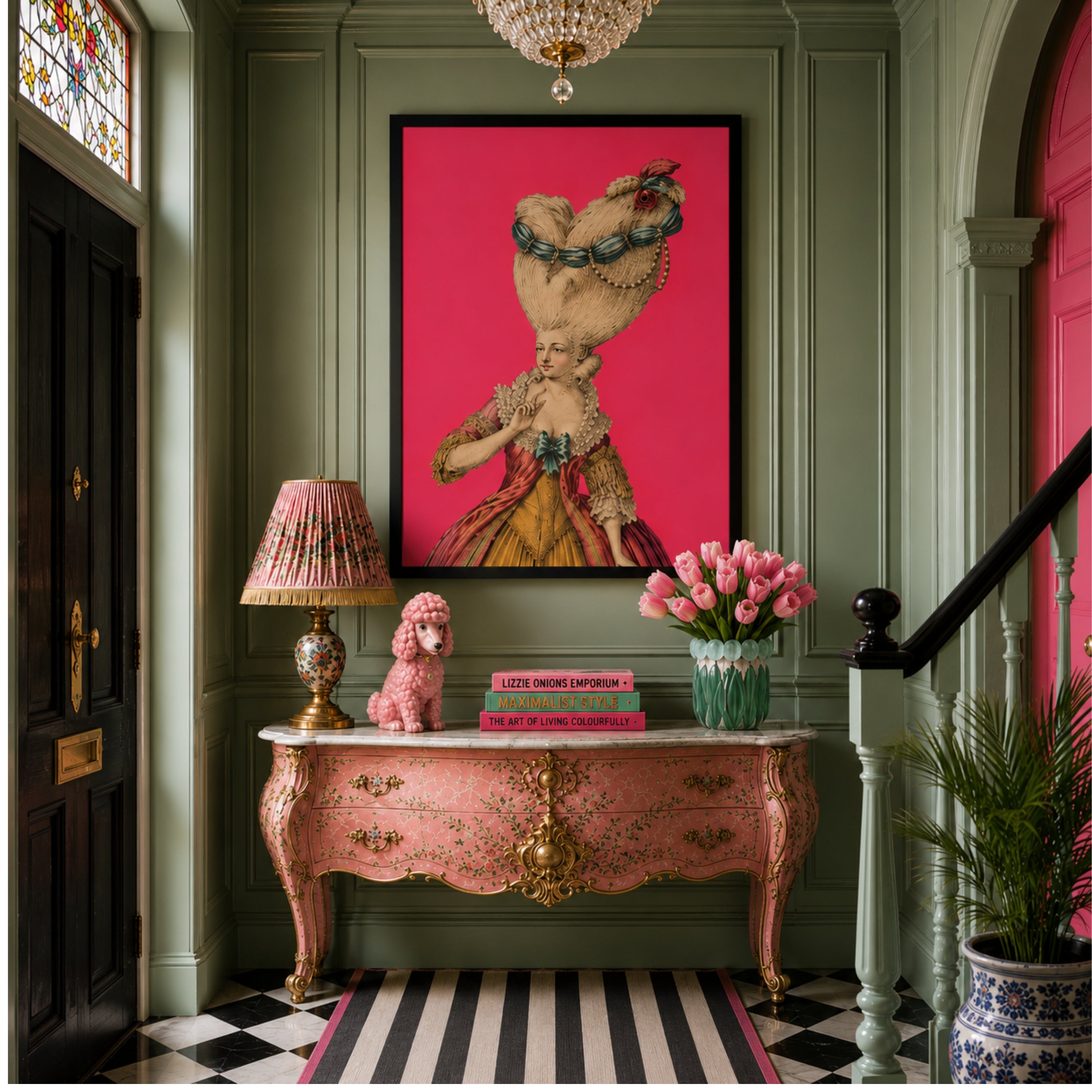 Elegant maximalist hallway featuring Lady Celestine Pompadour framed print by Lizzie Onions Emporium displayed above a vintage pink Rococo console table, styled with a floral lamp, pink ceramic poodle, colourful books and pink tulips against sage green panelled walls with black and white tiled flooring.