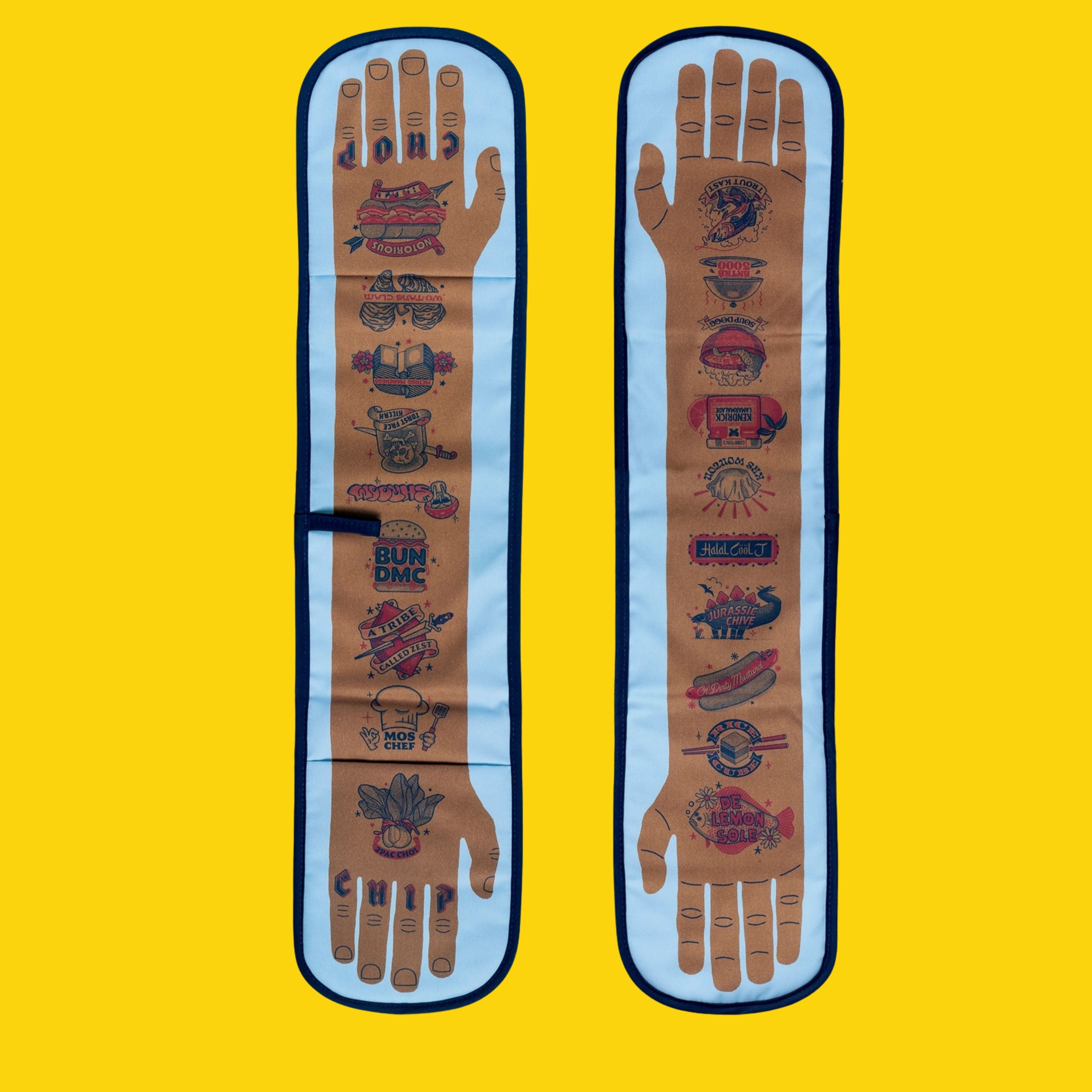 Front and back views of the Chip Chop double oven glove laid flat on a bright yellow background, showing brown illustrated hip-hop food puns on light blue panels, with “CHIP” and “CHOP” on the fingertips.