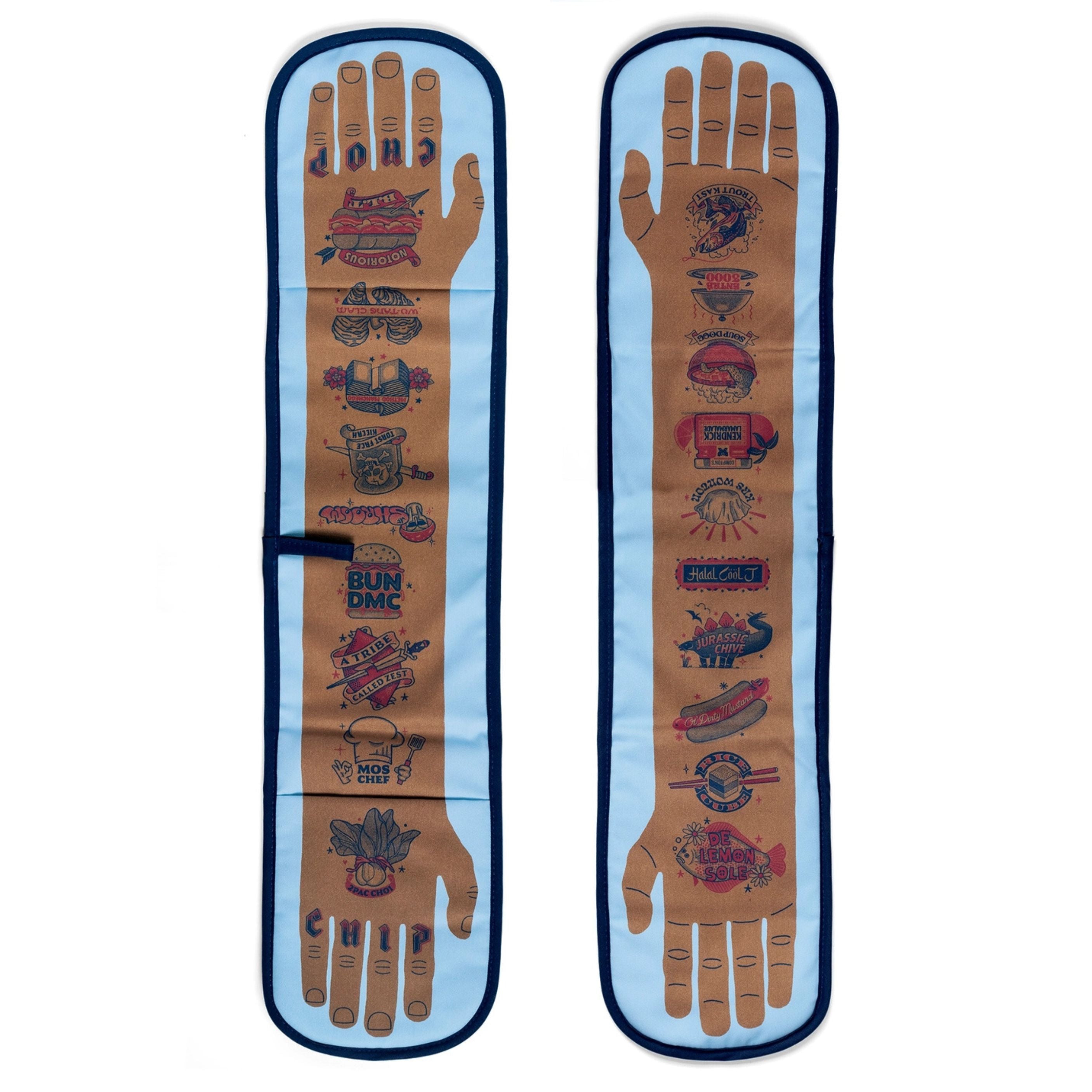 Front and back views of the Chip Chop double oven glove laid flat on a white background, showing brown illustrated hip-hop food puns on light blue panels, with “CHIP” and “CHOP” on the fingertips.