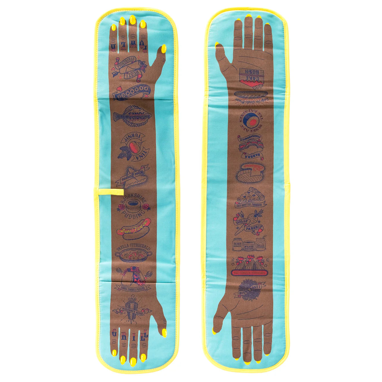 Front and back views of the full-length Grill Power double oven glove, laid flat side-by-side to show both illustrated tattoo-style arms with bright yellow nails on a turquoise and yellow-edged design, displayed on a white background.