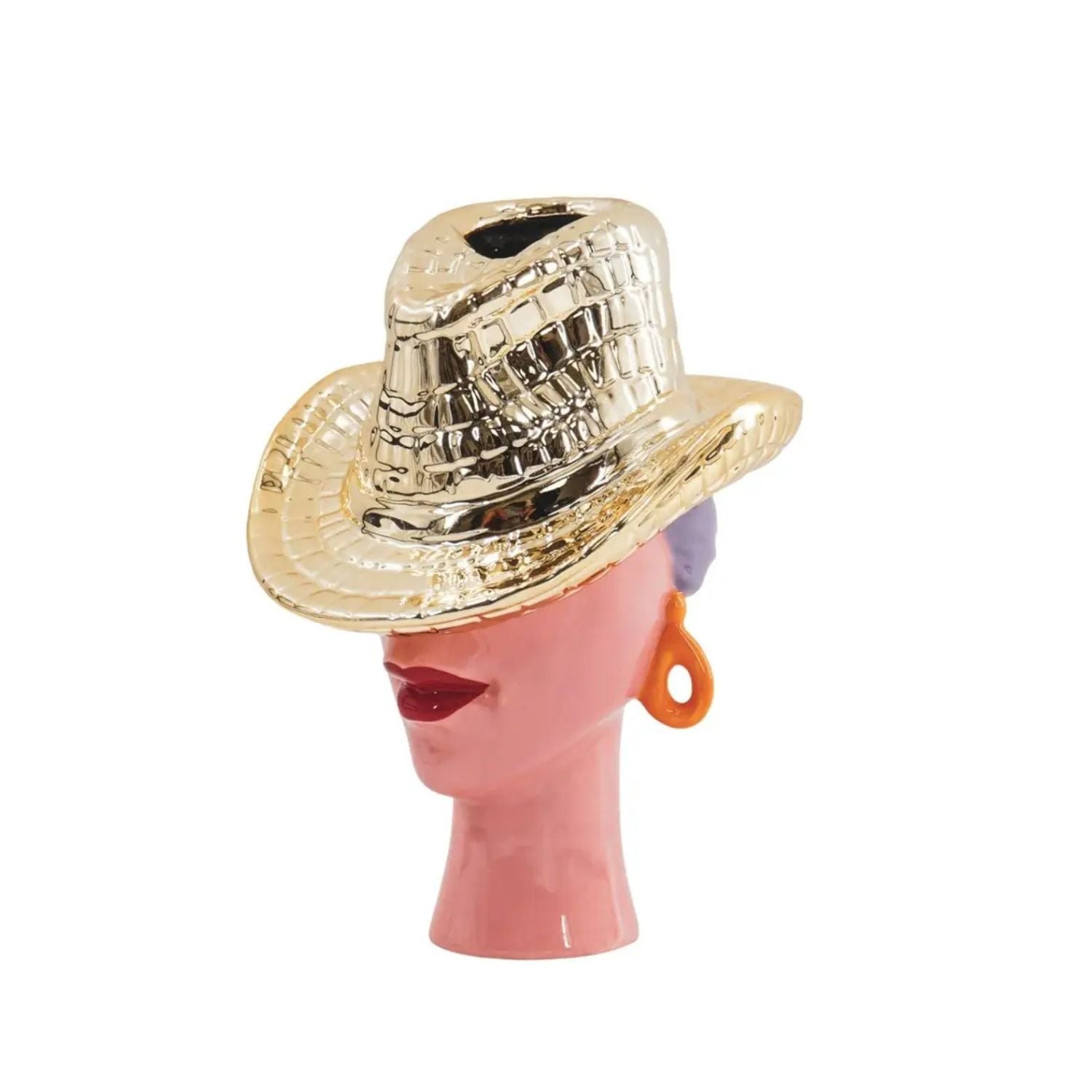 Gold cowboy hat lady vase with lilac hair and orange earrings on a white background – chic and playful ceramic décor by Lizzie Onion’s Emporium