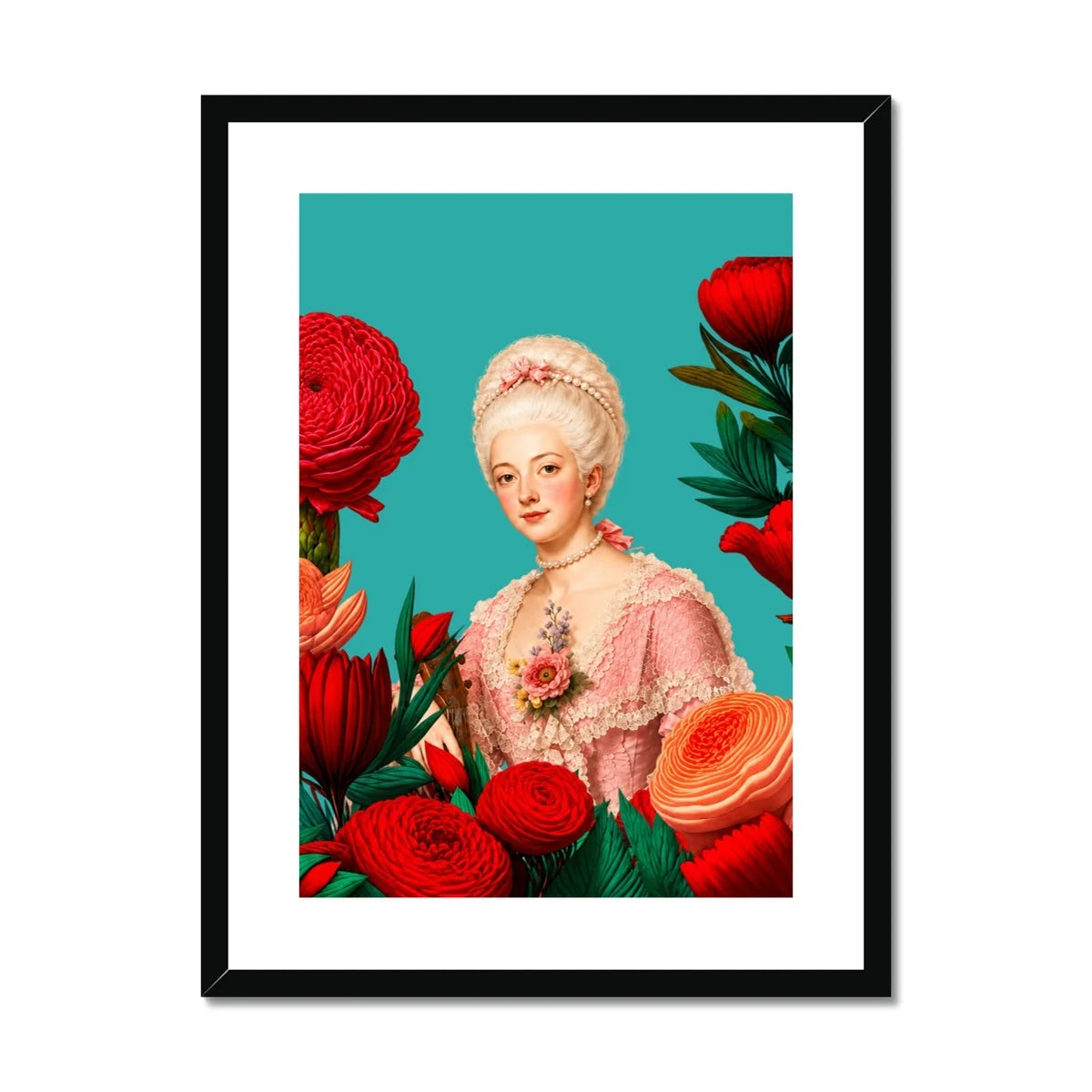 Lady Amélie de Rose Rococo framed and mounted wall art with red flowers and turquoise background