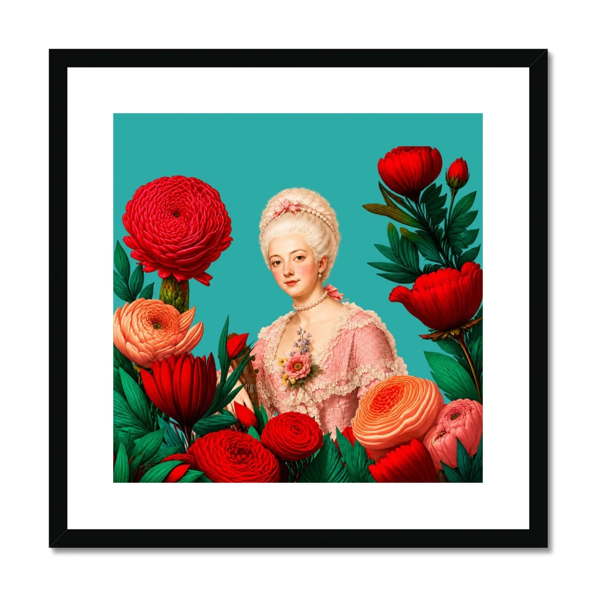 Lady Amélie de Rose Rococo framed wall art with red flowers and turquoise background