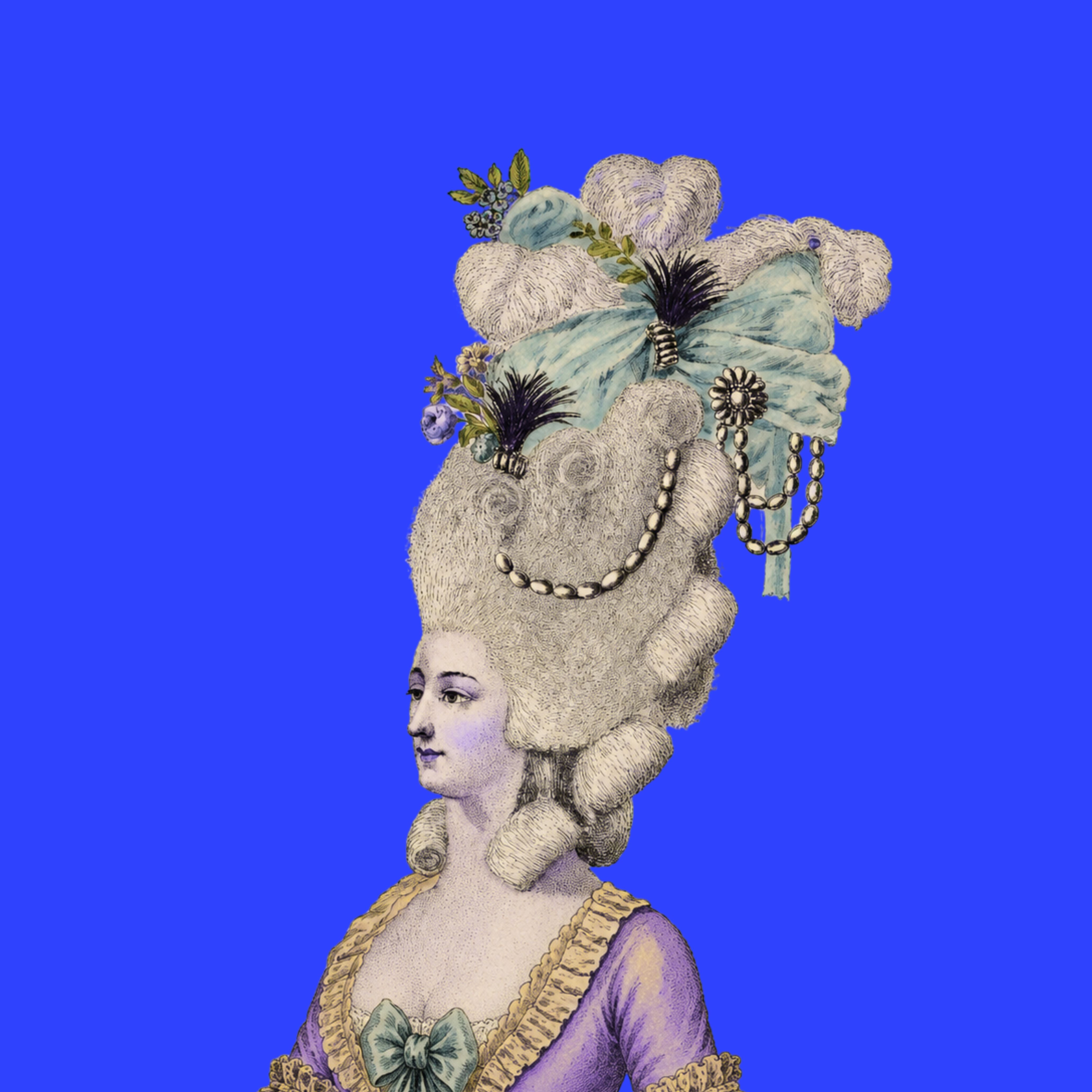 Lady Vivienne Montclair Rococo artwork featuring an elegant 18th century powdered hairstyle with pale blue ribbon, pearl embellishments and vivid cobalt blue background in bold maximalist style.
