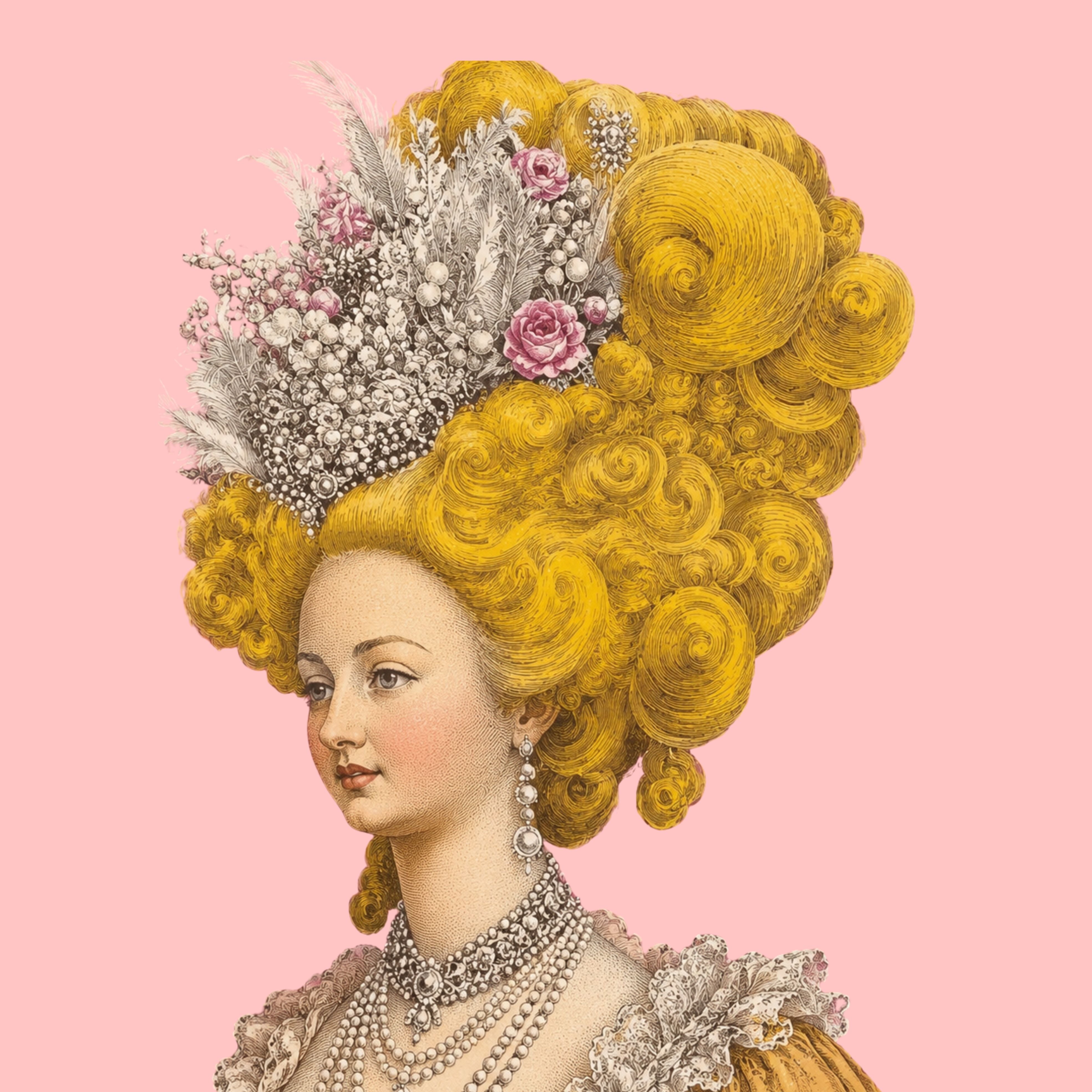Lady Élodie Bellefleur decorative plate detail featuring an elegant Rococo lady with an elaborate powdered hairstyle adorned with pearls, delicate flowers and feathers, set against a soft pink background and inspired by 18th-century French fashion portraiture.