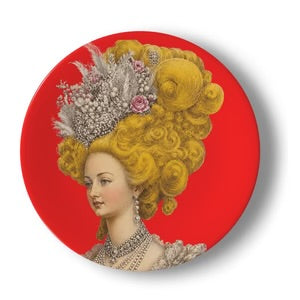 Lady Élodie Bellefleur decorative plate featuring an elegant Rococo lady with an elaborate powdered hairstyle adorned with delicate flowers and pearls, set against a bright red background and inspired by 18th-century French fashion.