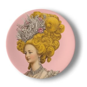 Lady Élodie Bellefleur decorative plate featuring an elegant Rococo lady with an elaborate powdered hairstyle adorned with delicate flowers and pearls, set against a soft pink background and inspired by 18th-century French fashion.