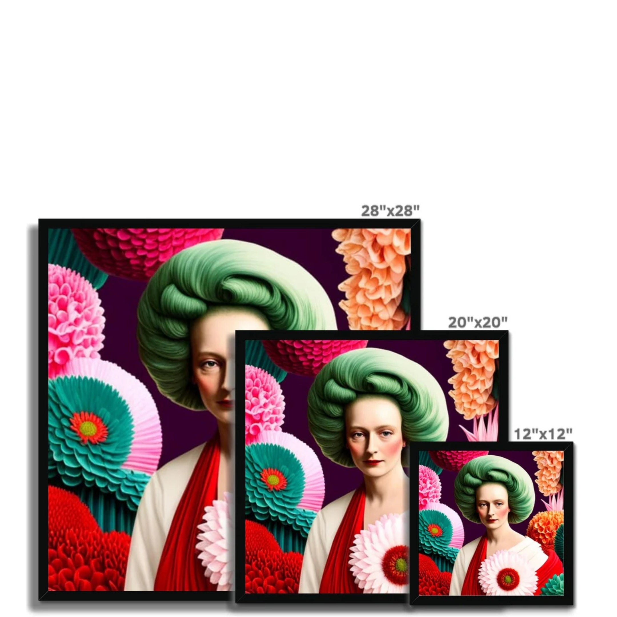 Lady with Green Hair maximalist framed print shown in multiple available sizes by Lizzie Onions Emporium