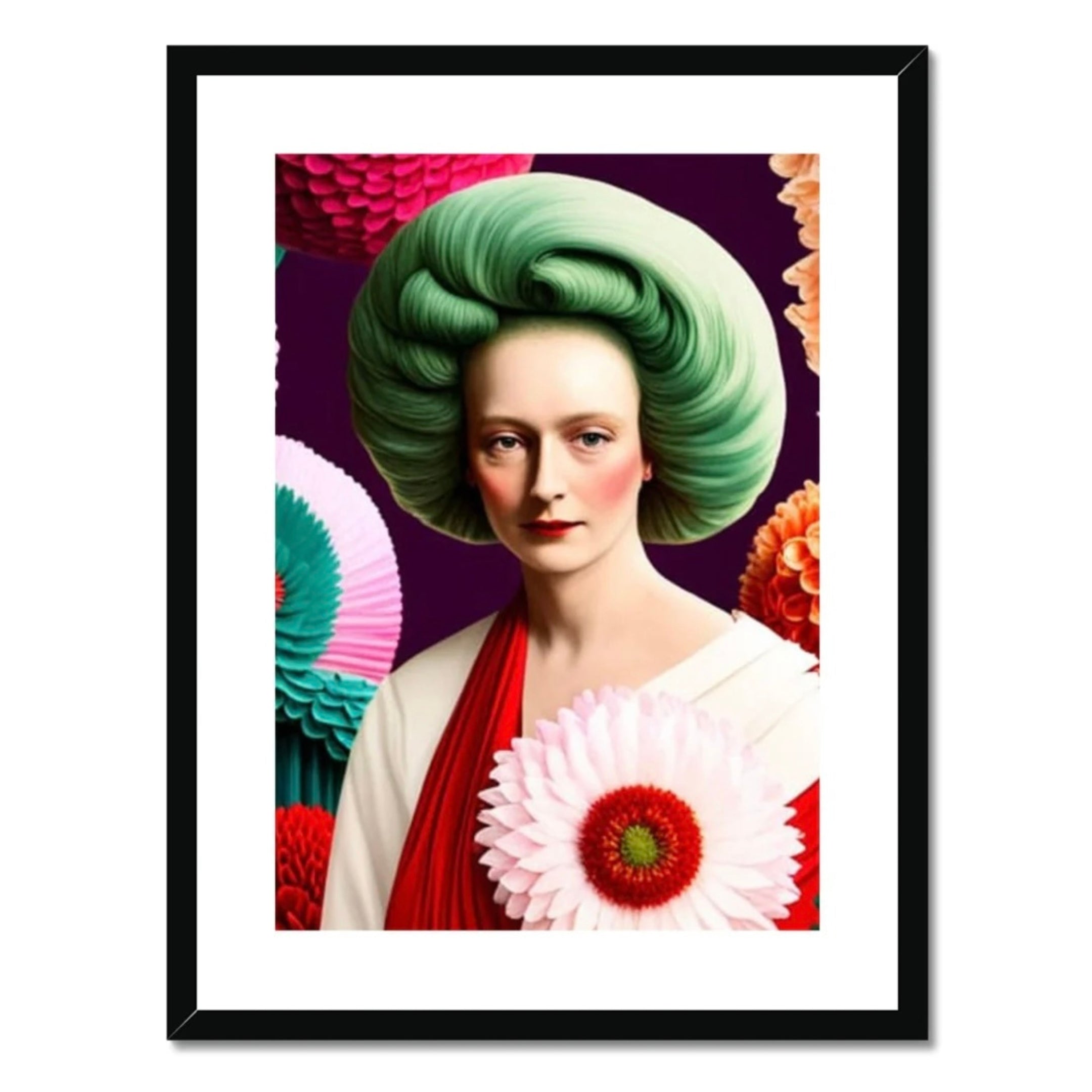 Lady with Green Hair – portrait maximalist framed print featuring a woman with sculptural green hair surrounded by colourful flowers on a deep purple background by Lizzie Onion's Emporium