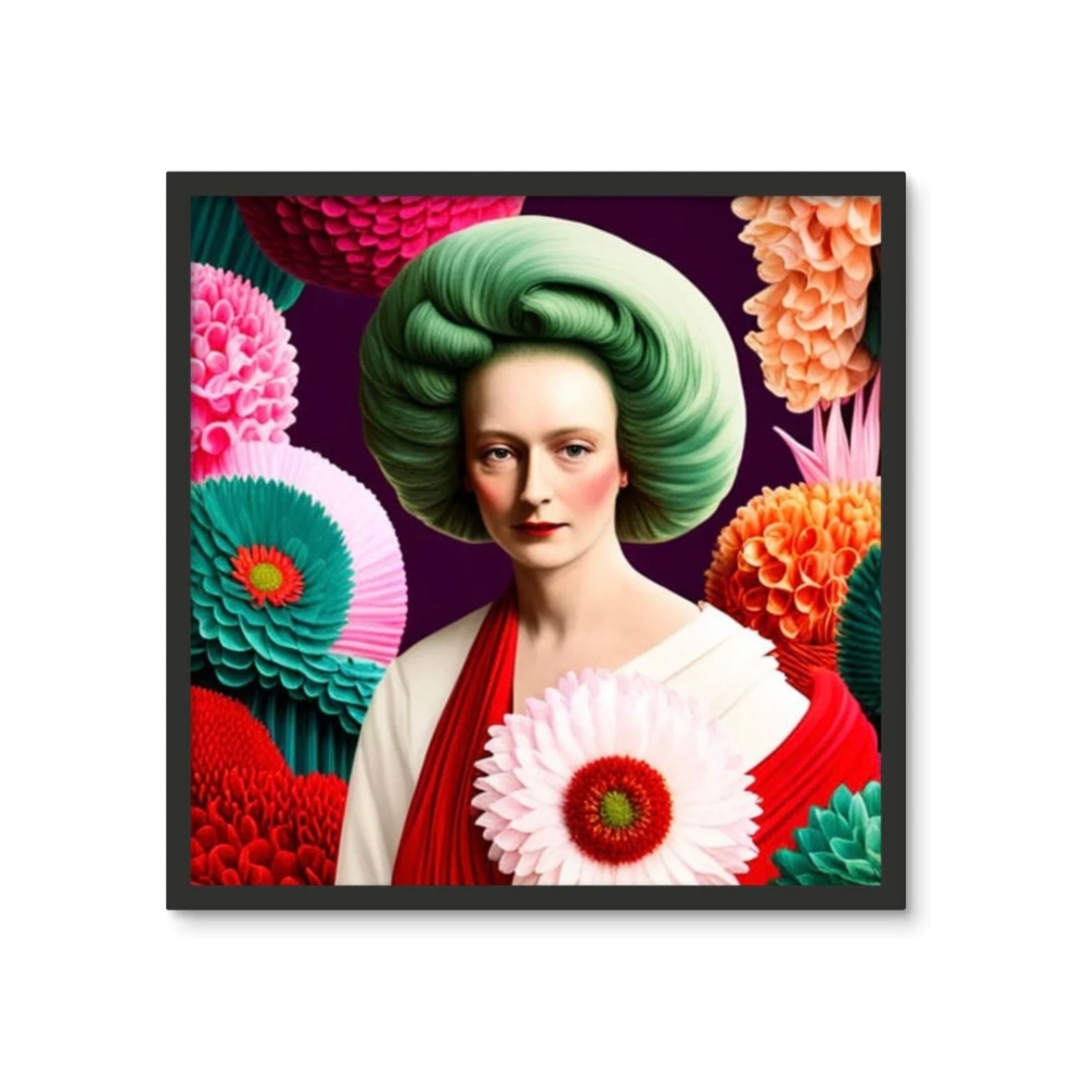 Lady with Green Hair square maximalist framed print featuring a woman with sculptural green hair surrounded by colourful flowers on a deep purple background by Lizzie Onion's Emporium