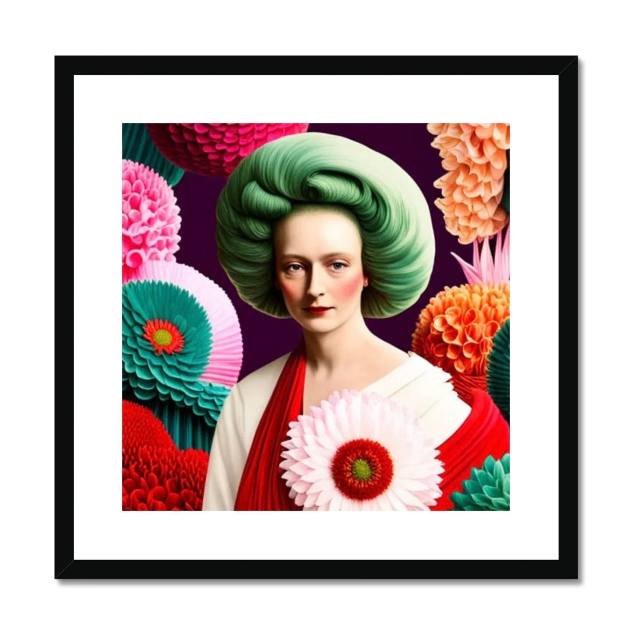 Lady with green sculptural hair in a black frame surrounded by colourful flowers on a deep purple background – maximalist framed print by Lizzie Onion's Emporium
