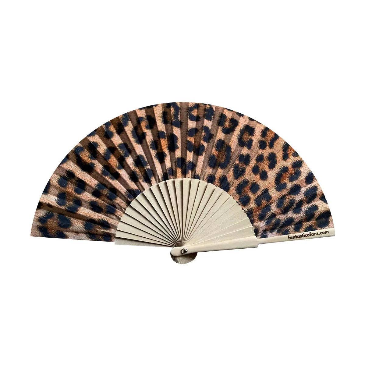 Leopard print folding hand fan with natural wooden frame on a white background.