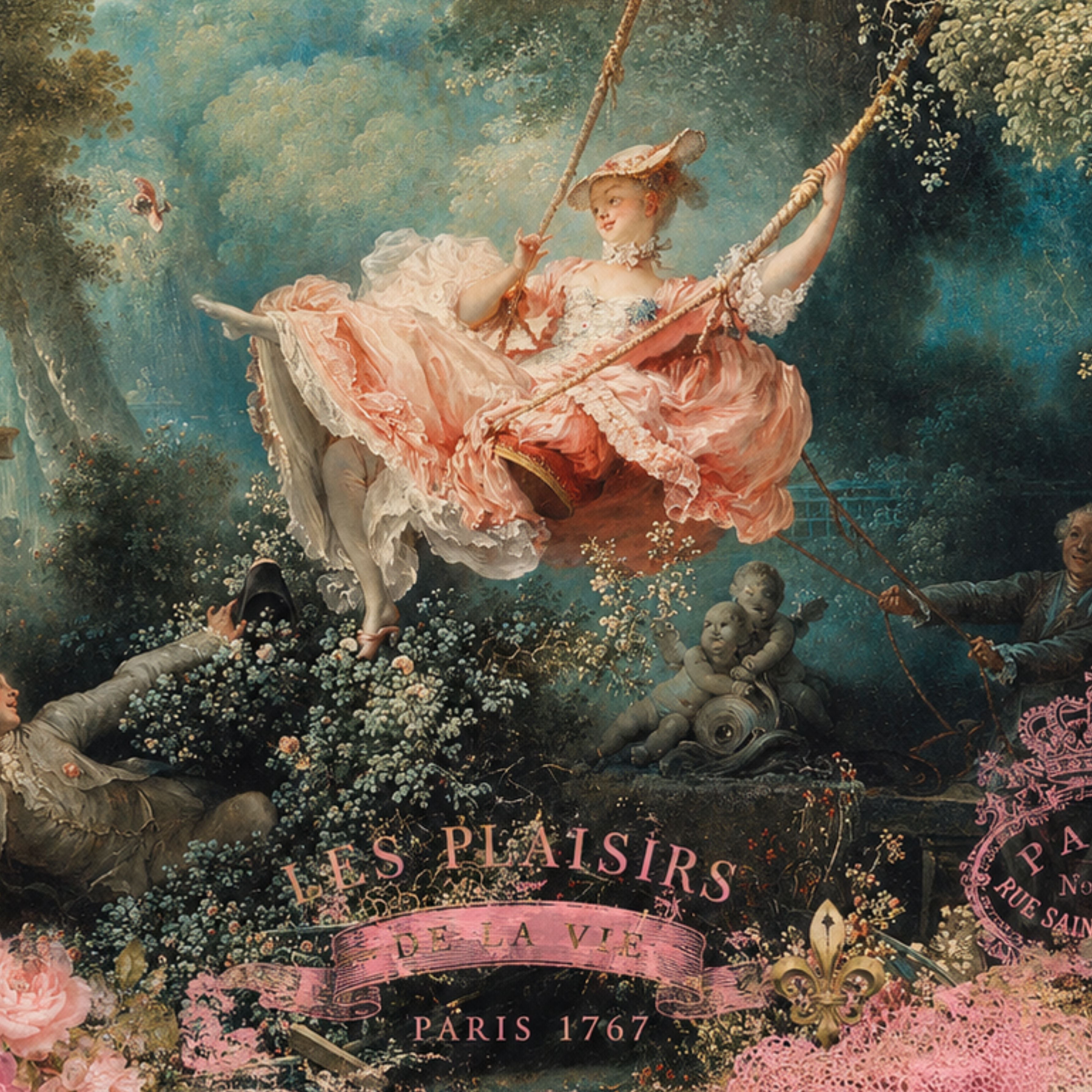Les Plaisirs de la Vie artwork inspired by The Swing by Jean-Honoré Fragonard, featuring a lady on a swing in a romantic Rococo garden with pink roses, vintage Parisian typography, decorative floral embellishments and soft blush accents.