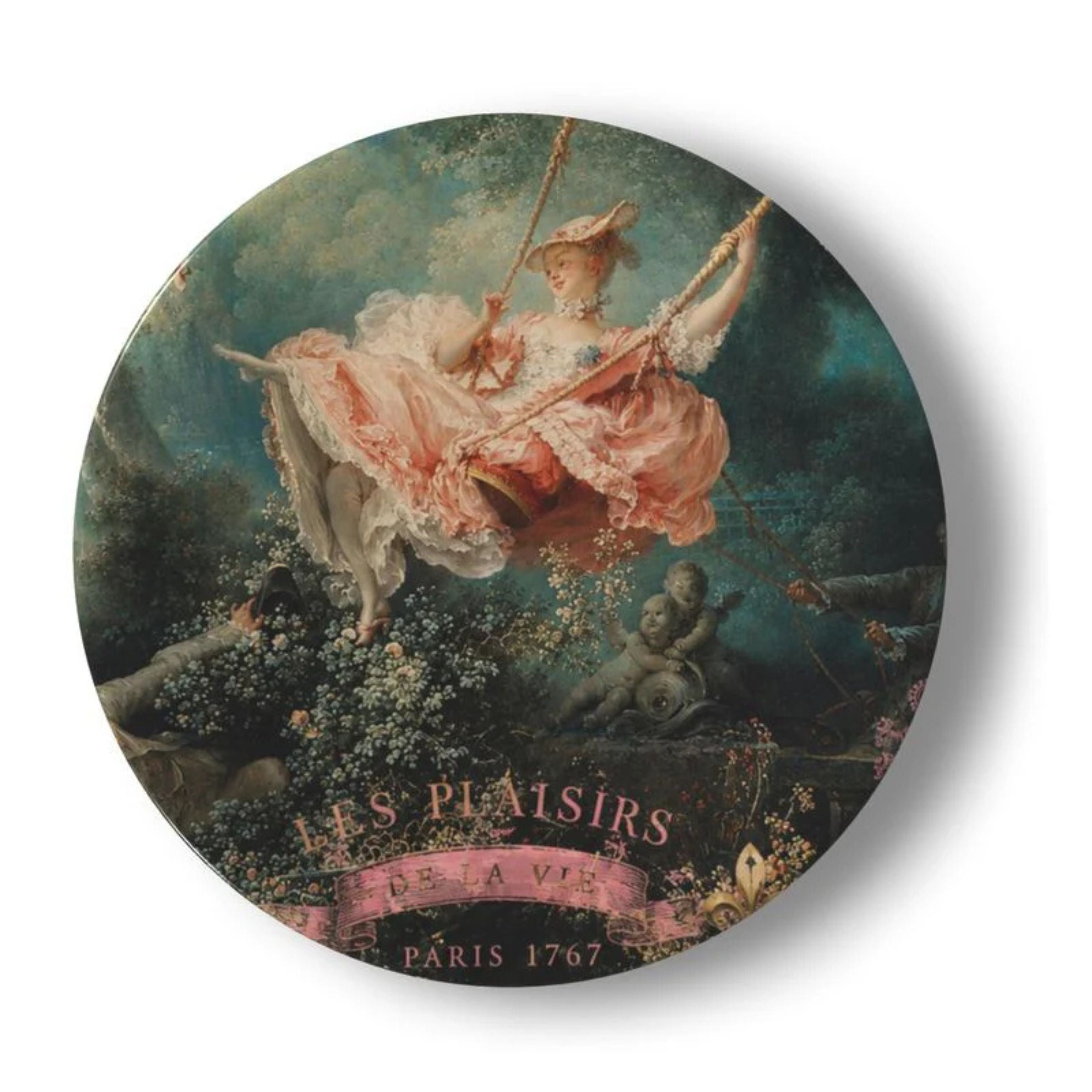 Les Plaisirs de la Vie decorative wall plate inspired by The Swing by Jean-Honoré Fragonard, featuring a lady on a swing in a romantic Rococo garden with soft pink accents, vintage Parisian details and decorative floral elements.
