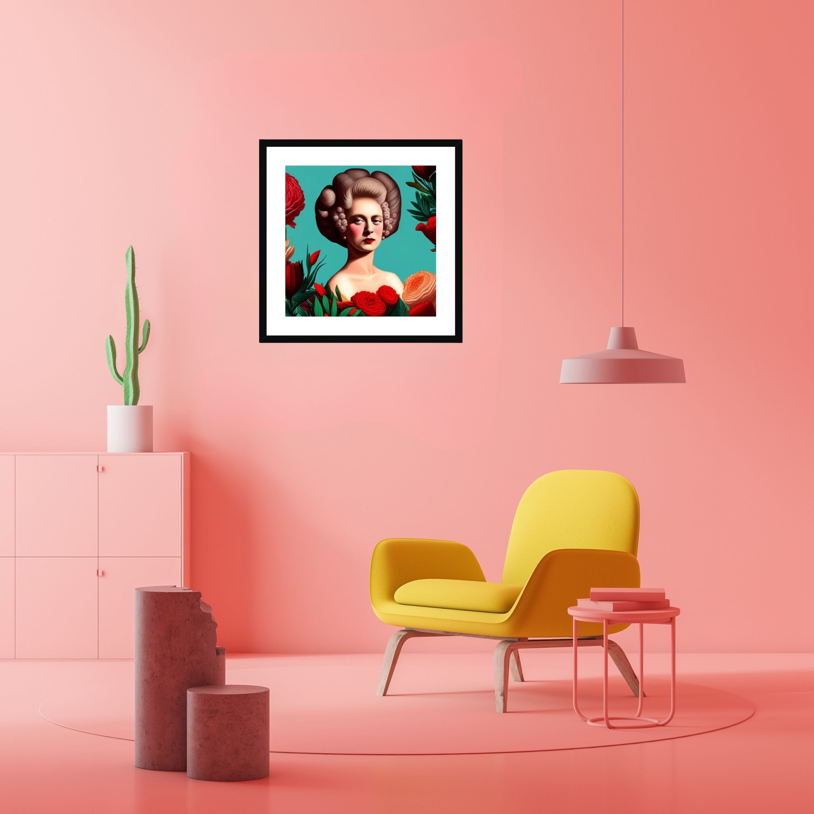 Lifestyle mockup showing Margot Was Really Not Amused – Framed Print displayed on a soft pink wall in a contemporary interior with a canary yellow lounge chair, showcasing colourful maximalist wall art by Lizzie Onion's Emporium.
