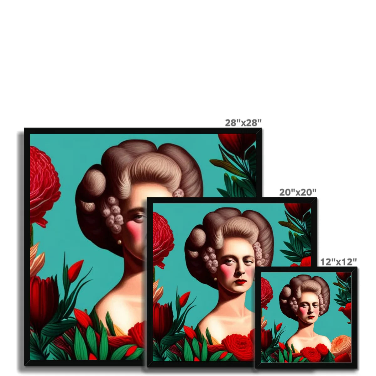Margot Was Really Not Amused – Framed Print shown in multiple available sizes, including 30 × 30 cm, 50 × 50 cm and 70 × 70 cm, highlighting the bold Rococo-inspired portrait with vibrant red florals and a turquoise background.