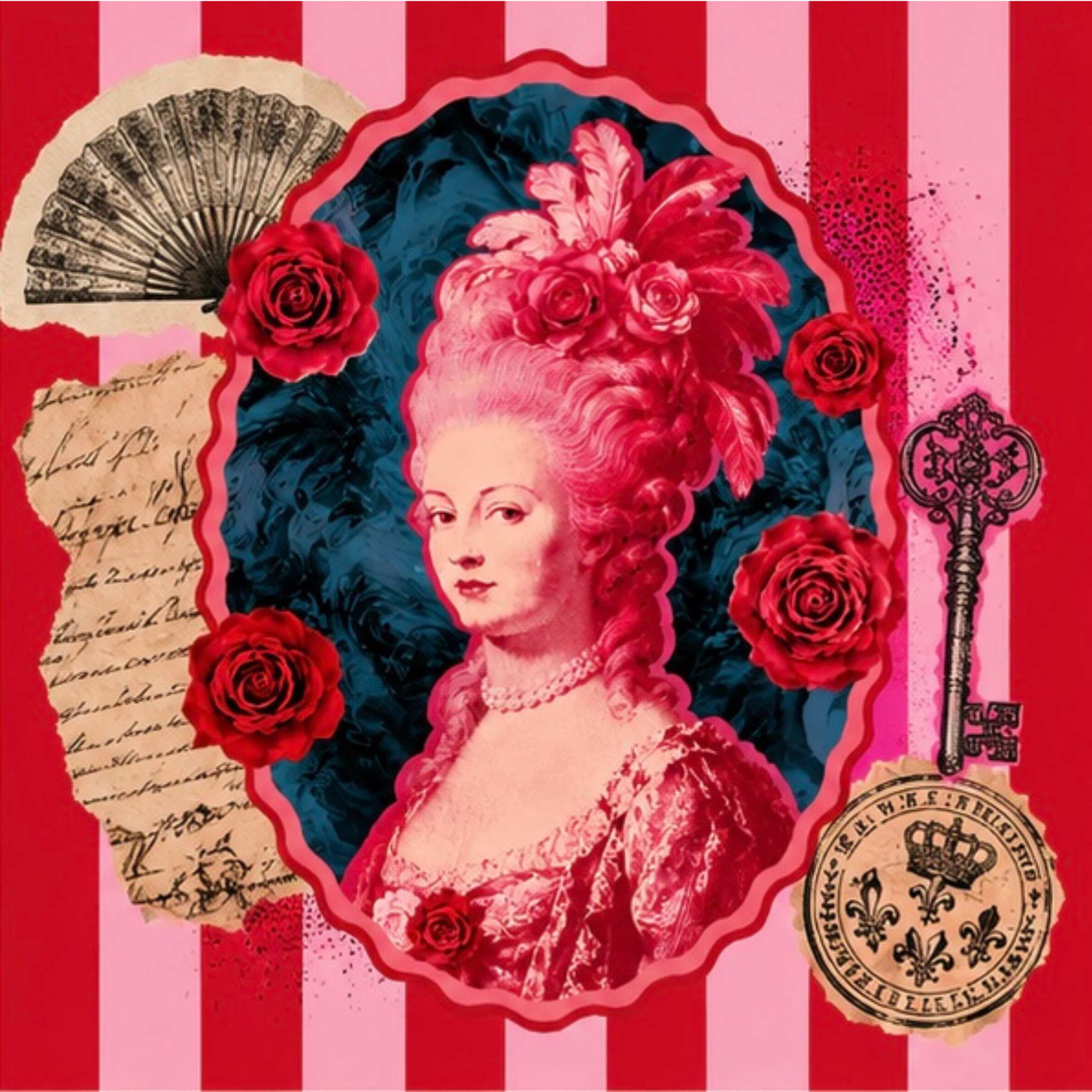 Marie Antoinette pop art artwork with pink striped background roses vintage fan ornate key and theatrical maximalist collage styling
