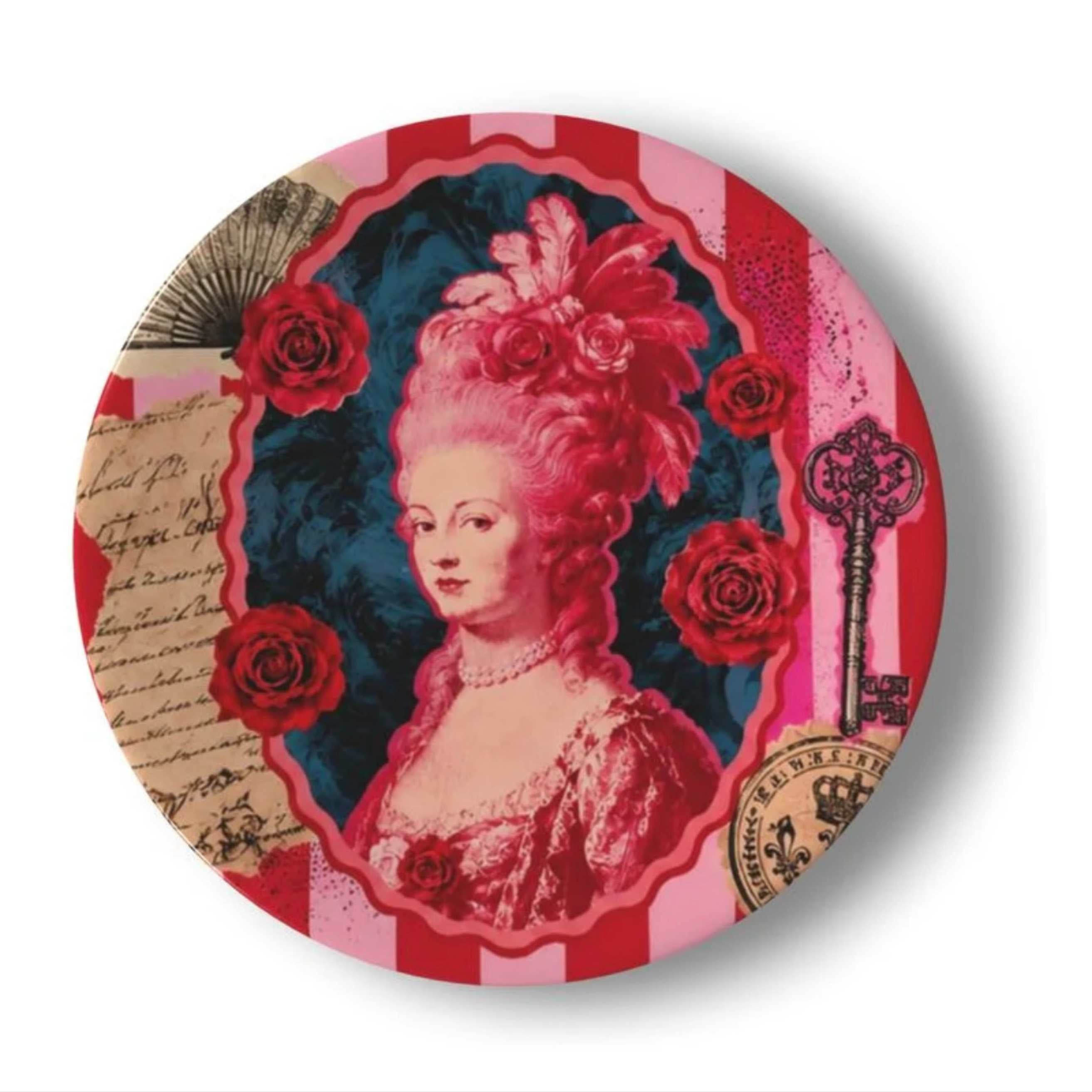 Marie Antoinette pop art decorative ceramic plate in pink red and black with roses vintage script and ornate key detail