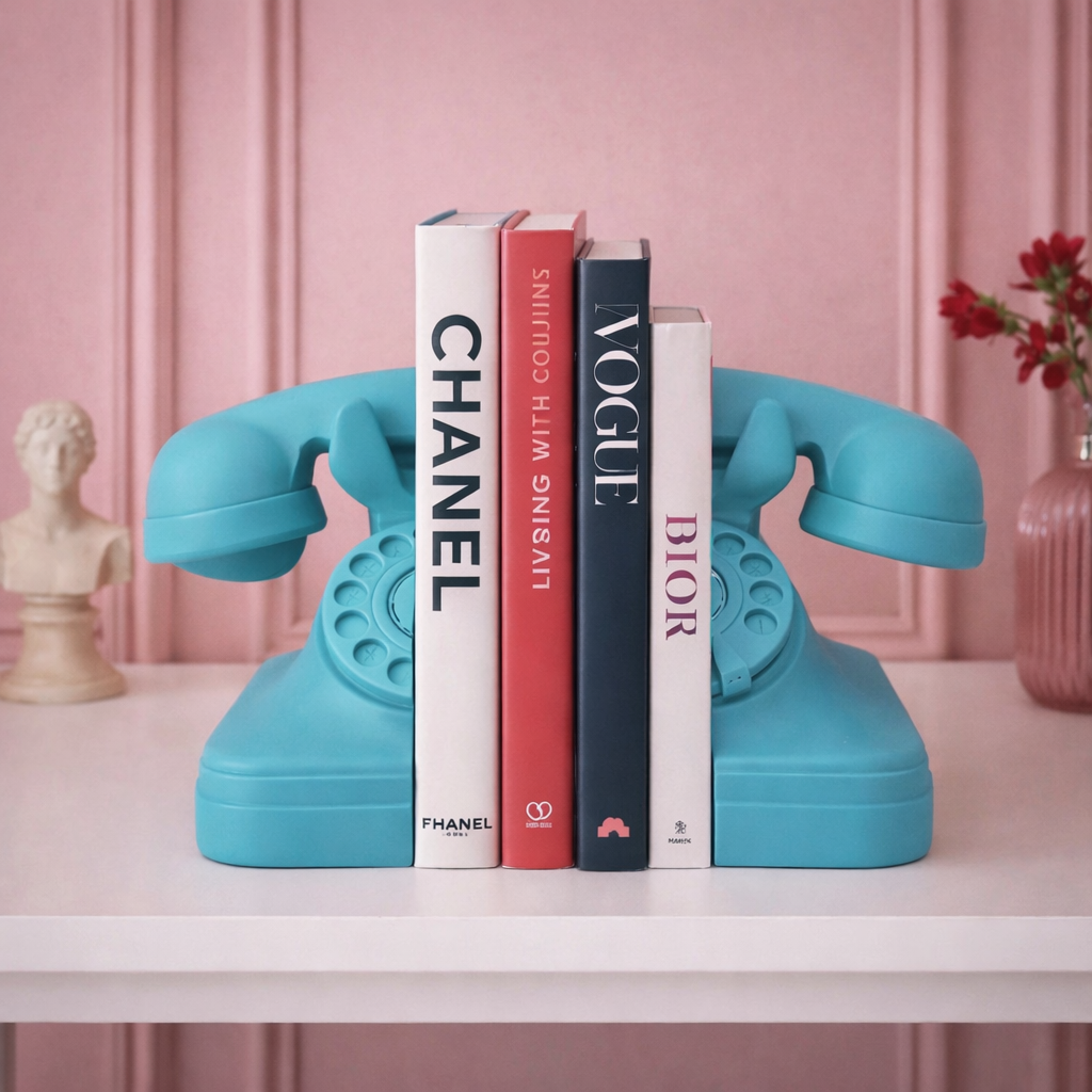 Matt aqua blue retro telephone bookends holding fashion books on shelf with pink wall background