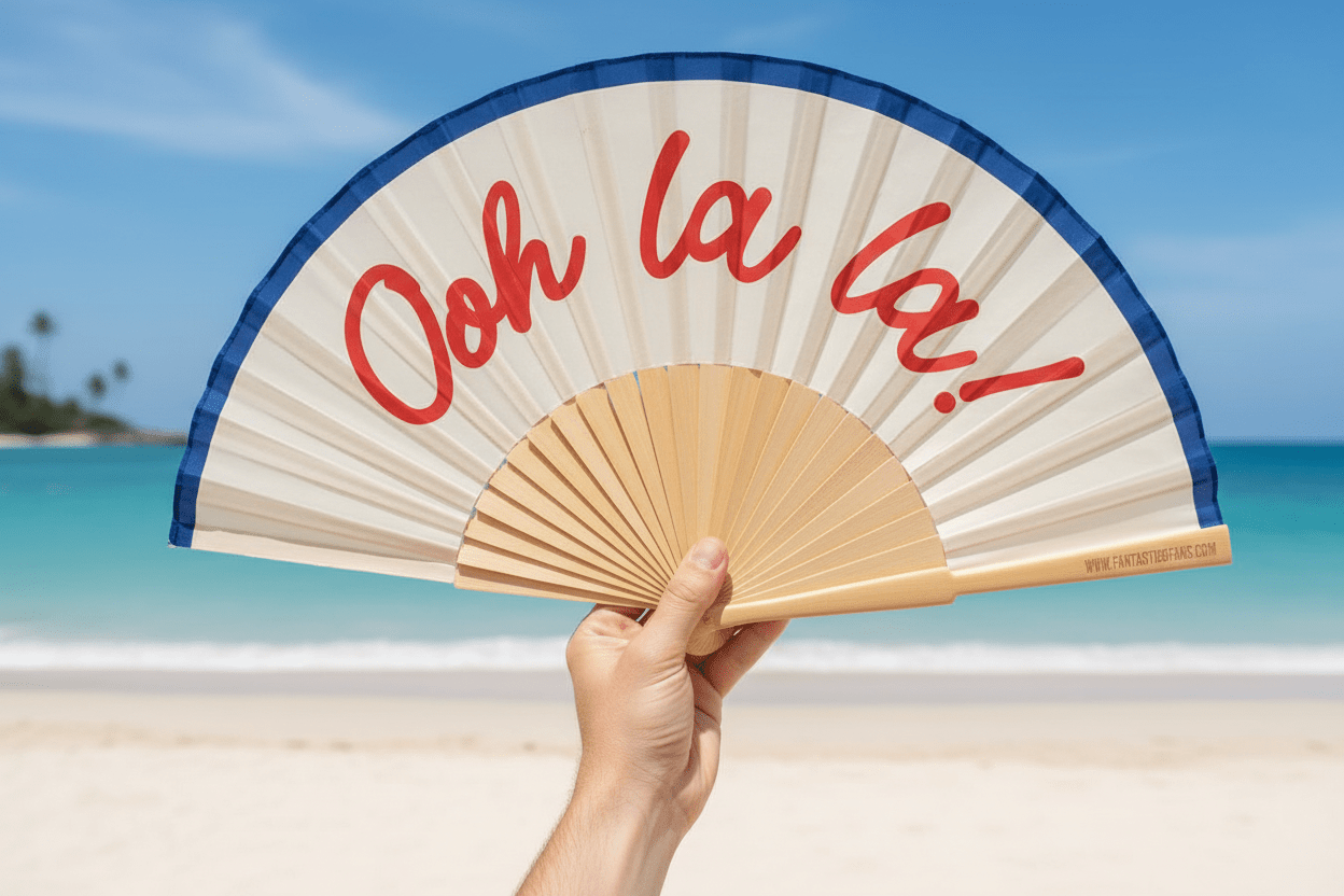 Ooh La La folding hand fan held against a tropical beach backdrop with turquoise sea, white sand and blue sky.