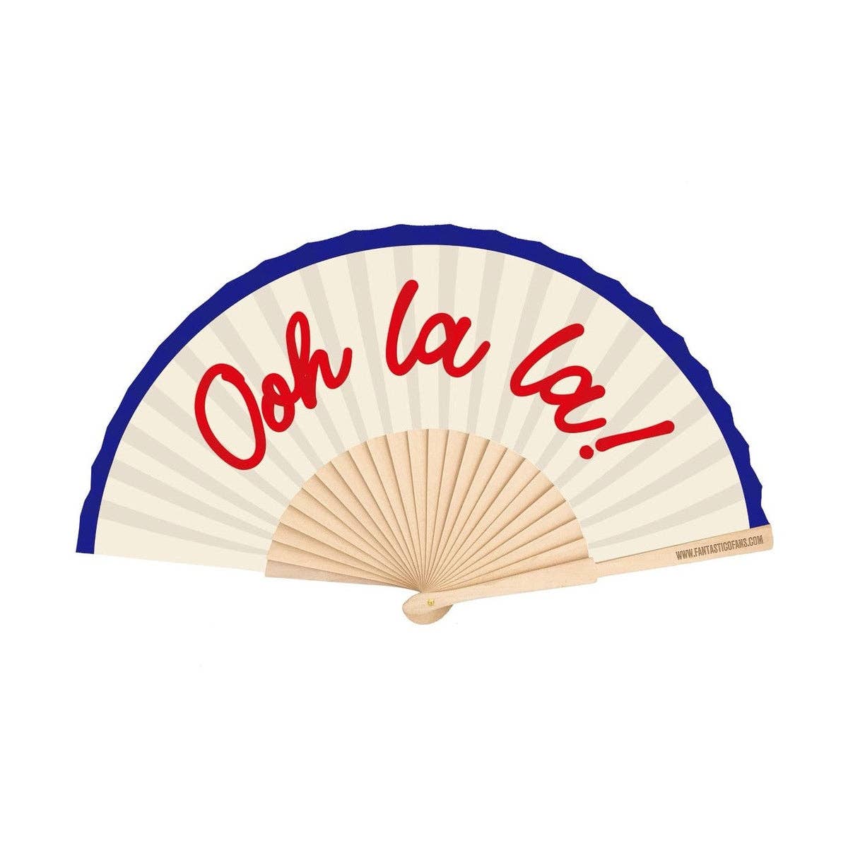 Ooh La La folding hand fan with red script lettering, blue trim and natural wooden frame on a white background.