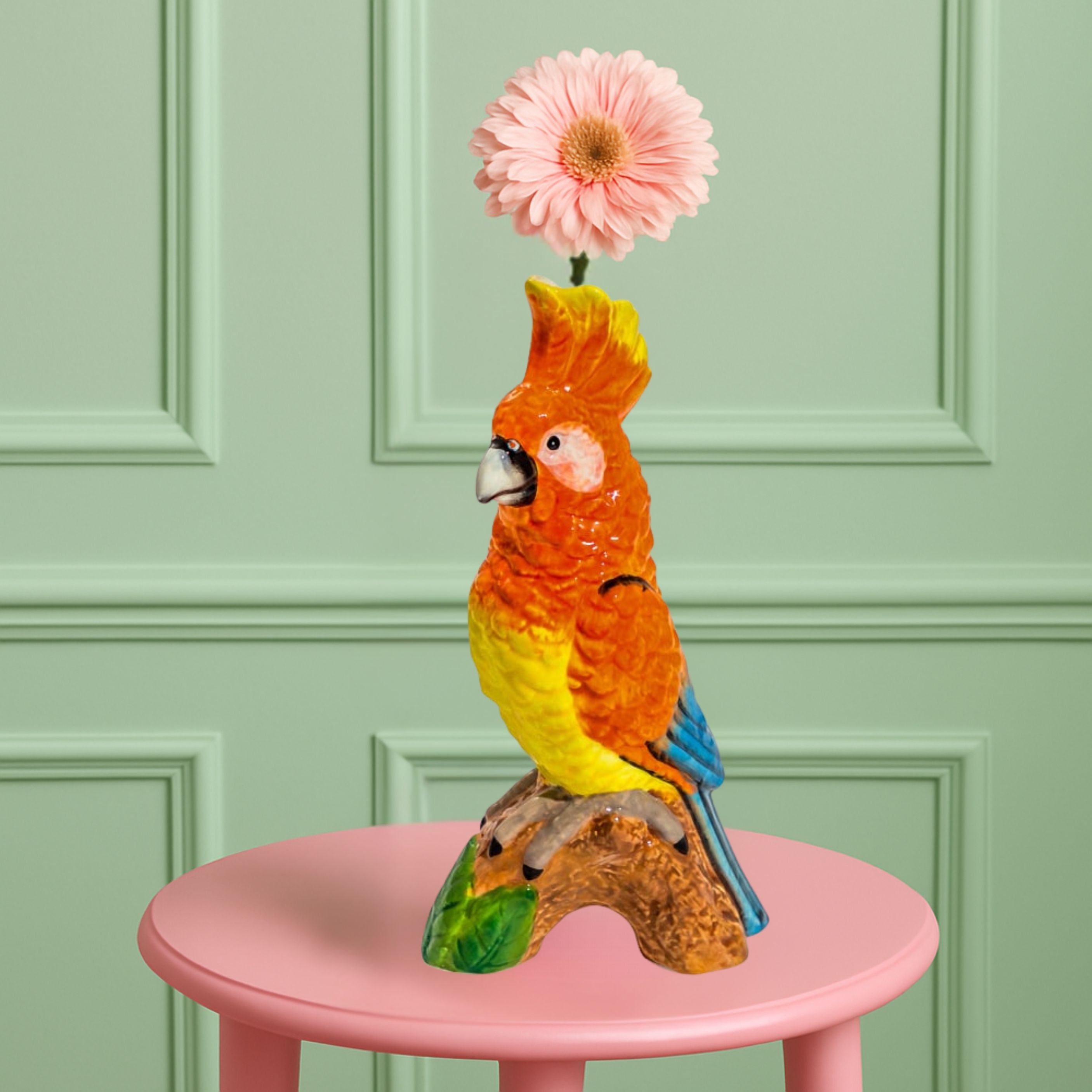 Orange Parrot on Perch Ceramic Vase