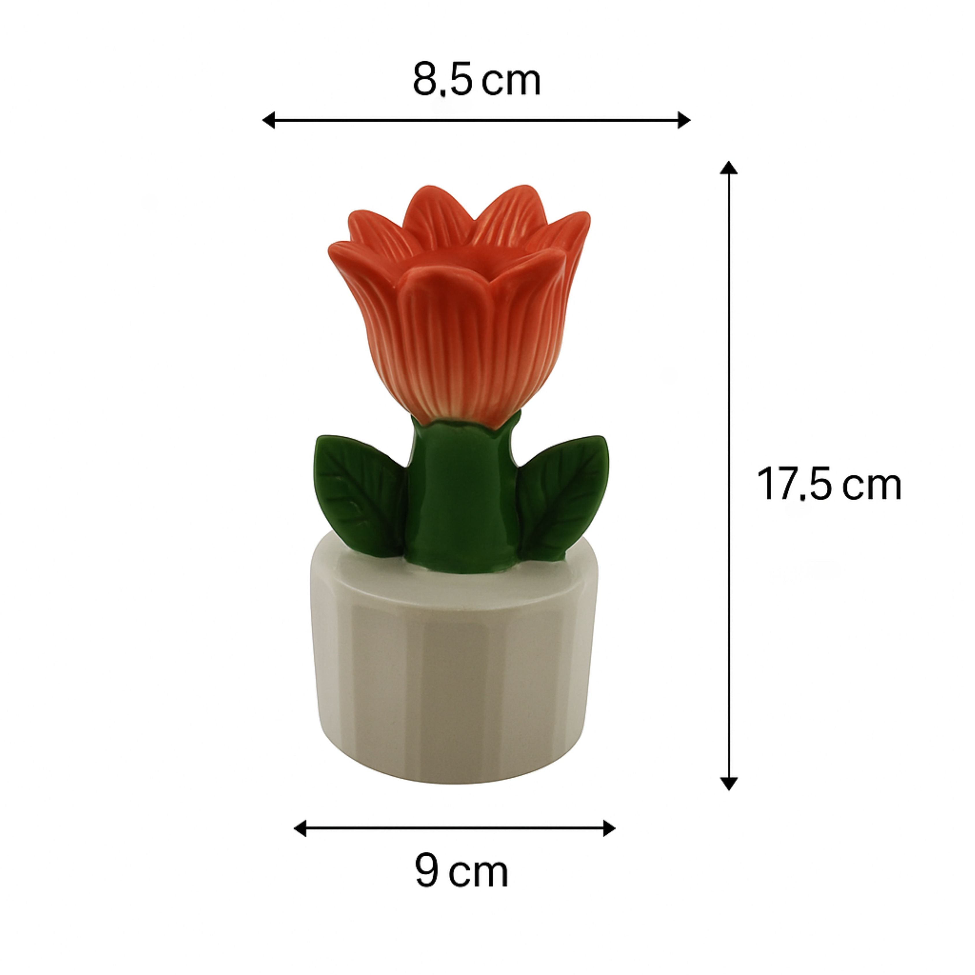 Orange tulip-shaped stoneware candle holder with green leaves, shown on a white background with dimensions labeled 8.5 cm wide, 9 cm base width, and 17.5 cm tall.