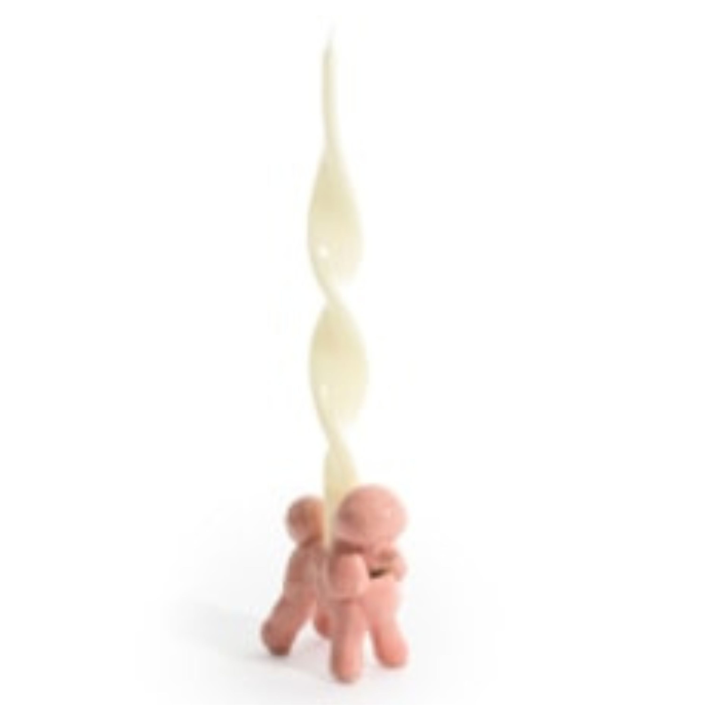Pink ceramic poodle candle holder holding a twisted dinner candle on white background