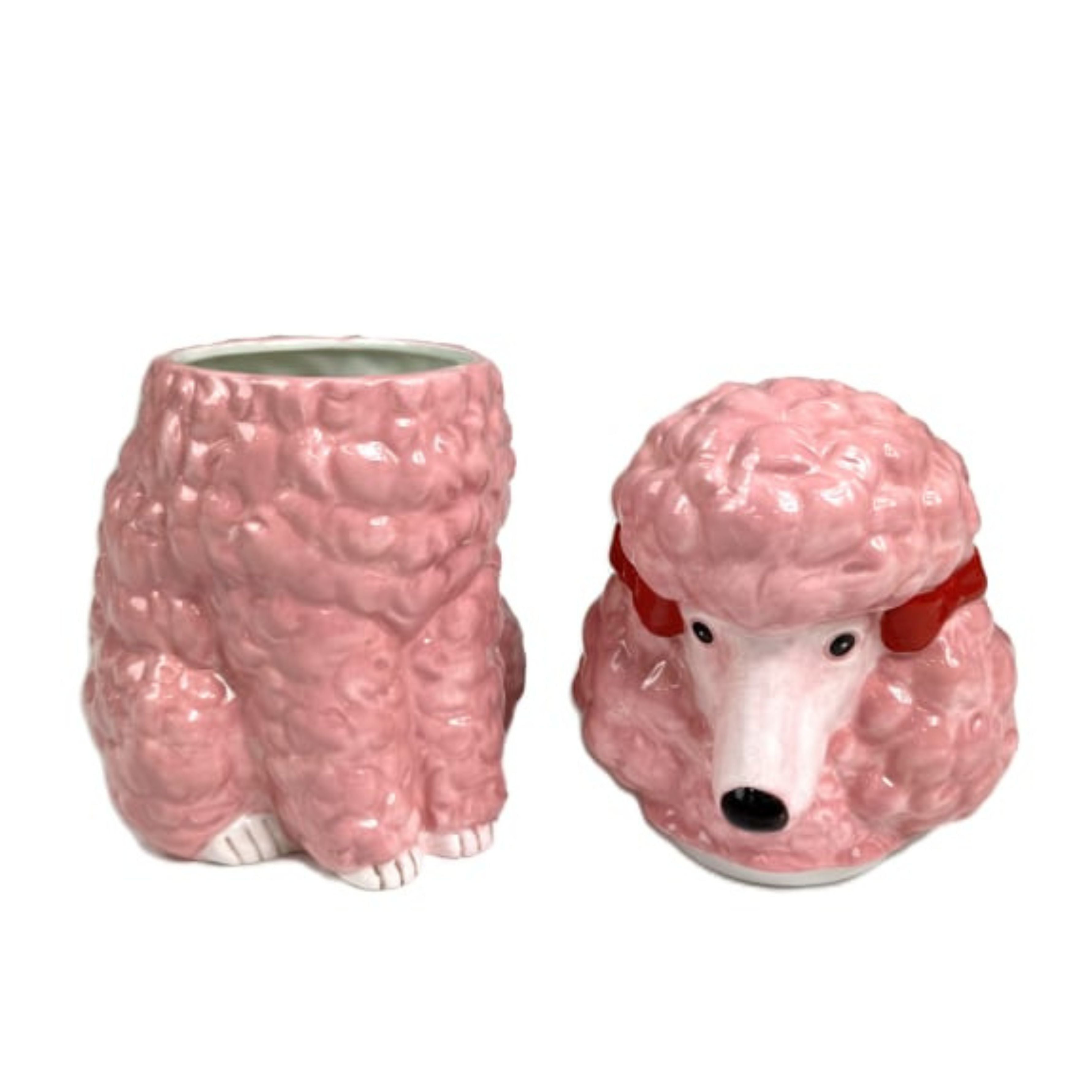 Pink ceramic poodle storage jar shown open with separate lid and container on white background