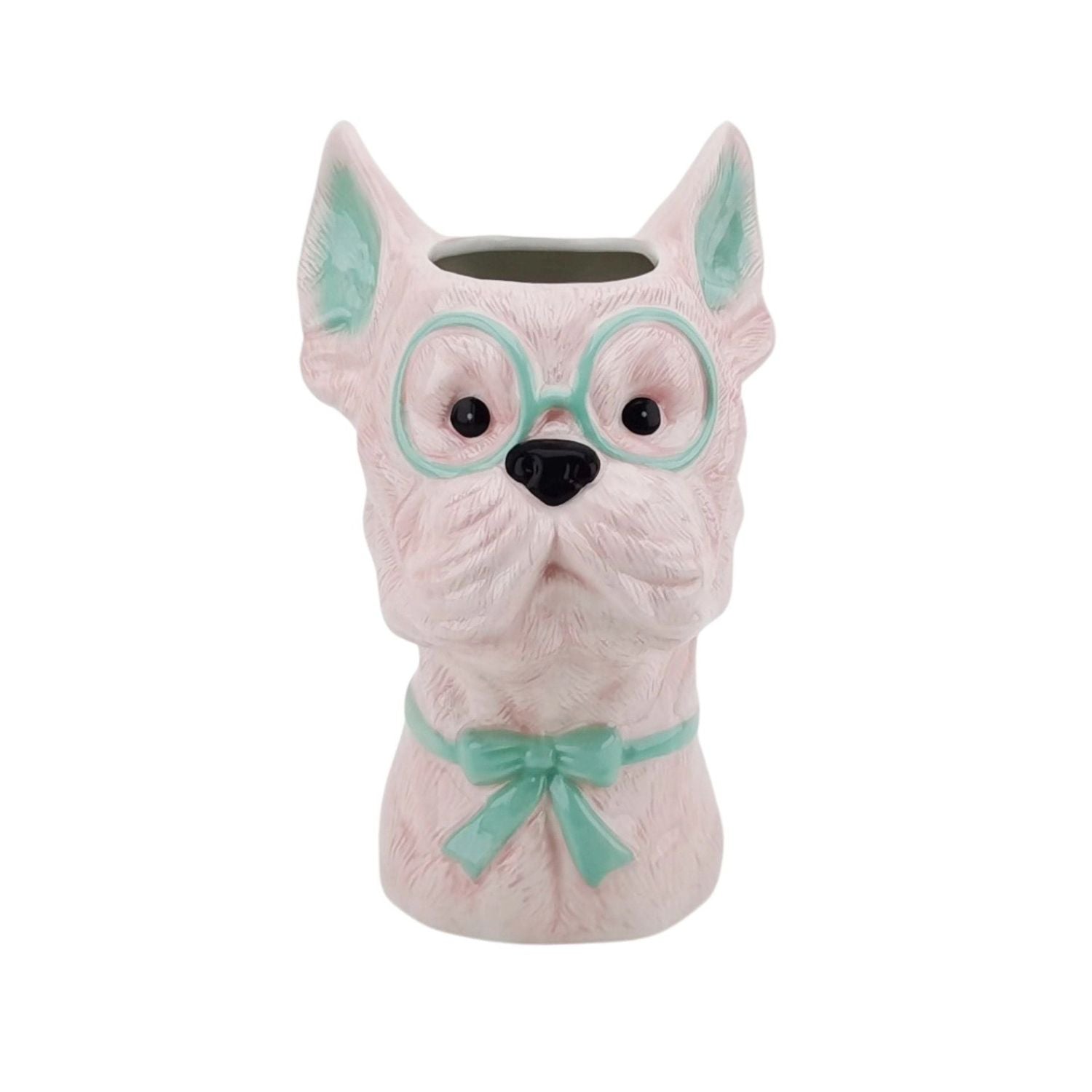 Pink dog-shaped vase with mint green glasses and matching bow tie, shown on a clean white background.